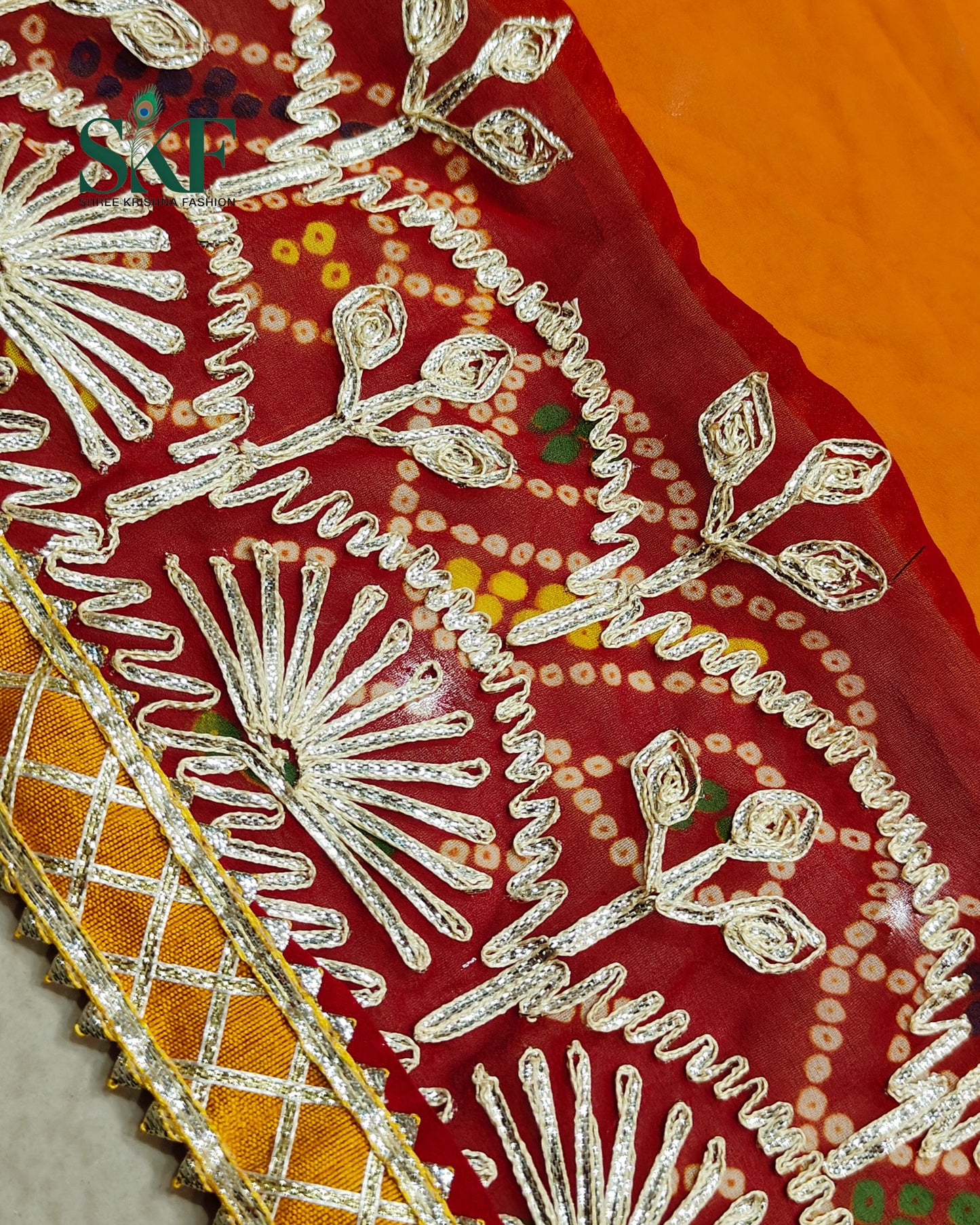 CHINON CREPE RAJASTHANI PILLA KACHA GOTTA WORK YELLOW MUSTURD SAREE BY SKFBHOLUBHAI (Copy)