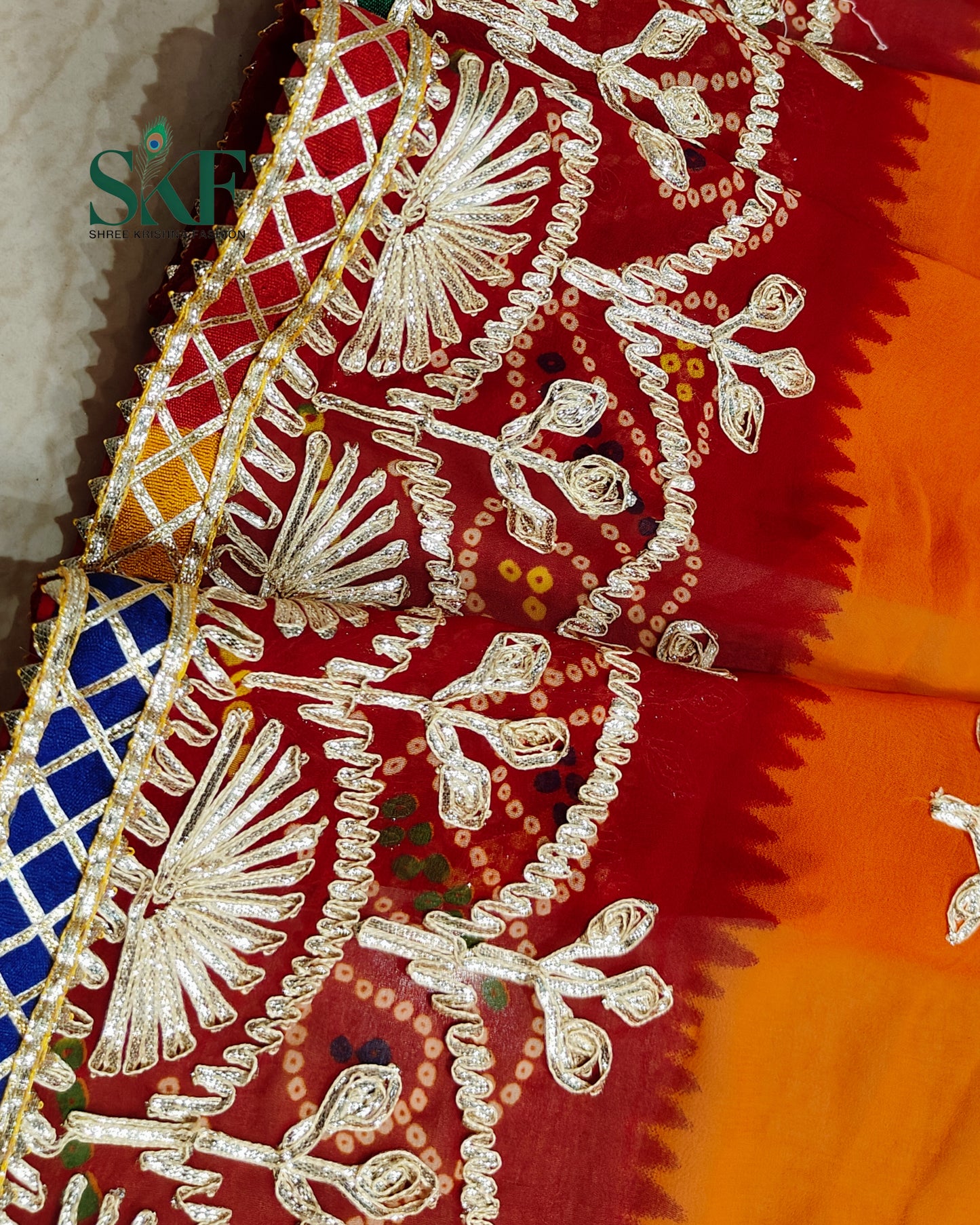 CHINON CREPE RAJASTHANI PILLA KACHA GOTTA WORK YELLOW MUSTURD SAREE BY SKFBHOLUBHAI (Copy)