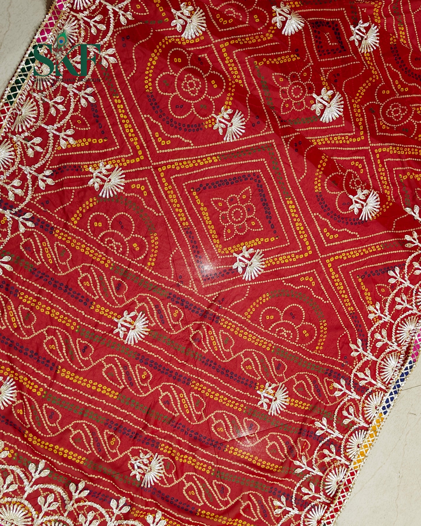 CHINON CREPE RAJASTHANI CHUNRI KACHA GOTTA WORK RED SAREE BY SKFBHOLUBHAI