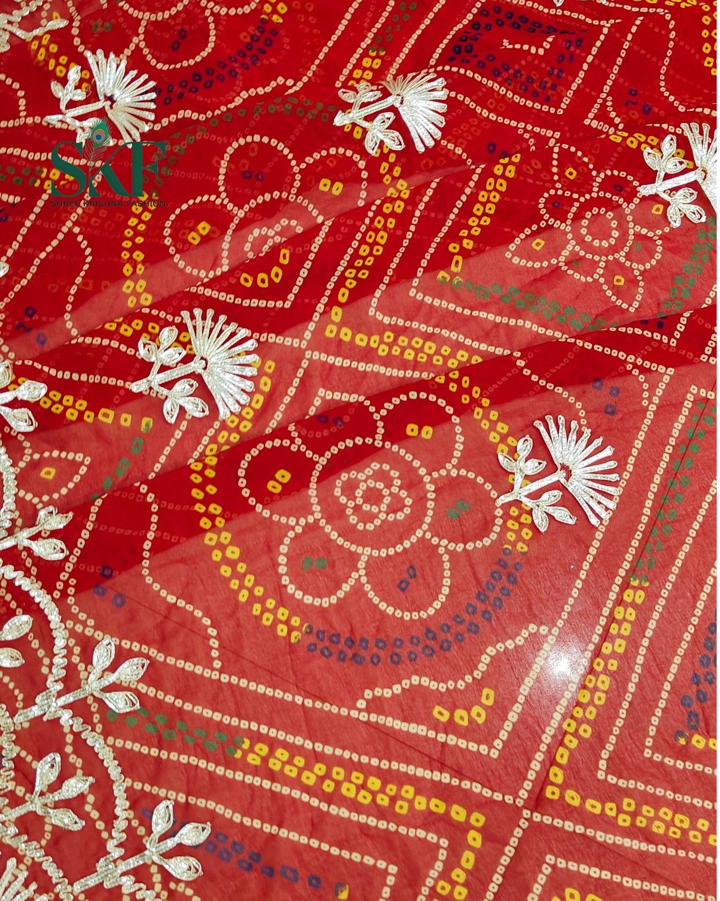 CHINON CREPE RAJASTHANI CHUNRI KACHA GOTTA WORK RED SAREE BY SKFBHOLUBHAI