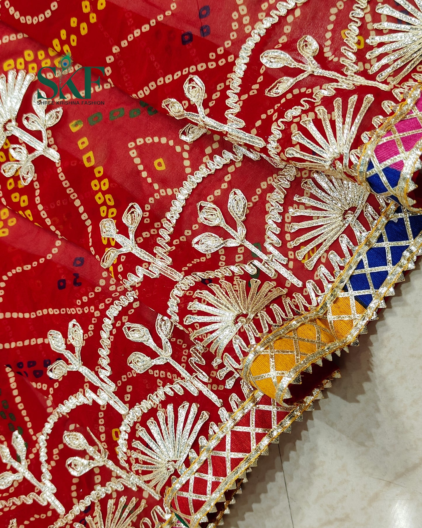 CHINON CREPE RAJASTHANI CHUNRI KACHA GOTTA WORK RED SAREE BY SKFBHOLUBHAI