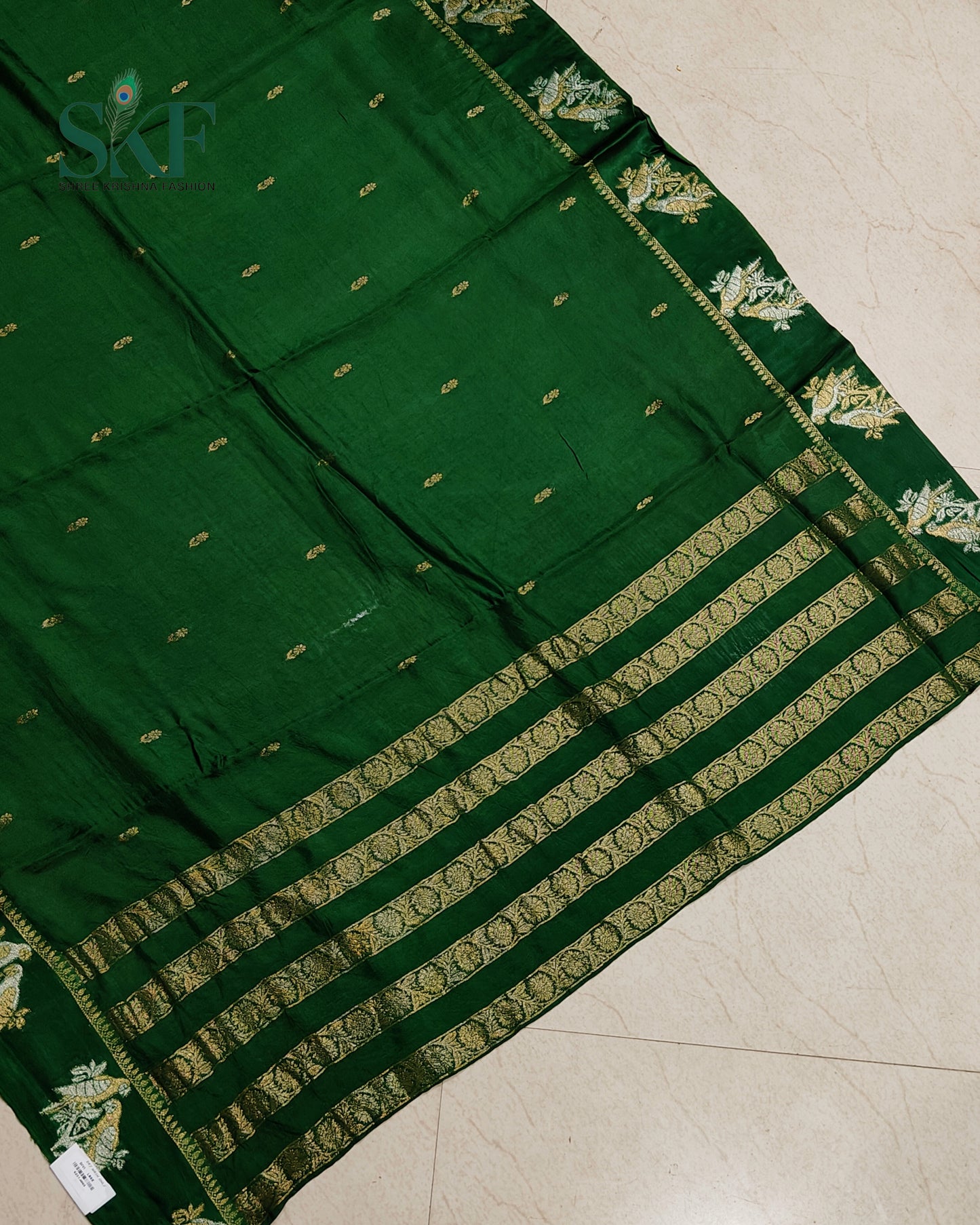 HO SILK PARROT BORDER ZARI BUTTY WEAVING WORK BOTTLE GREEN SAREE BY SKFBHOLUBHAI