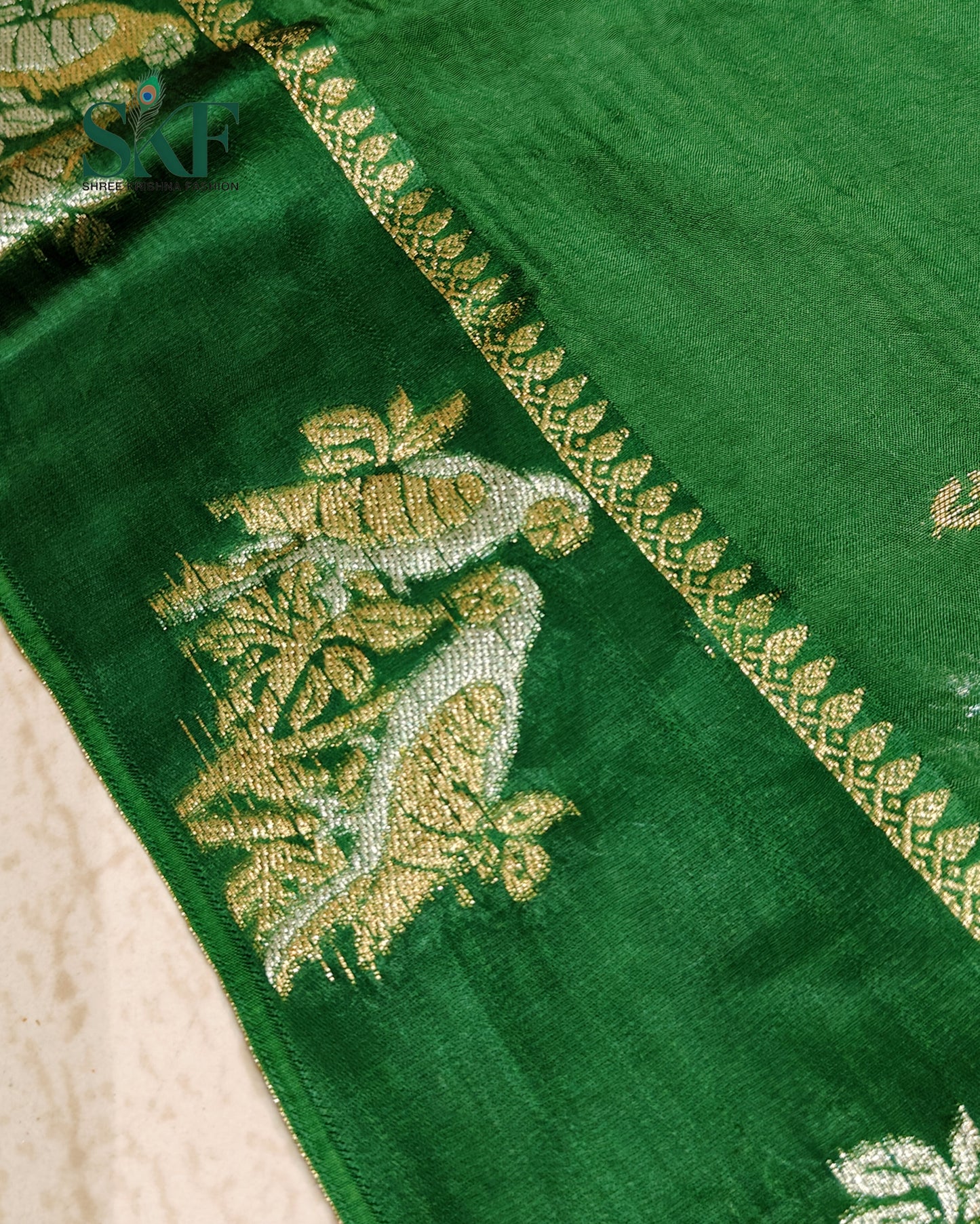 HO SILK PARROT BORDER ZARI BUTTY WEAVING WORK BOTTLE GREEN SAREE BY SKFBHOLUBHAI