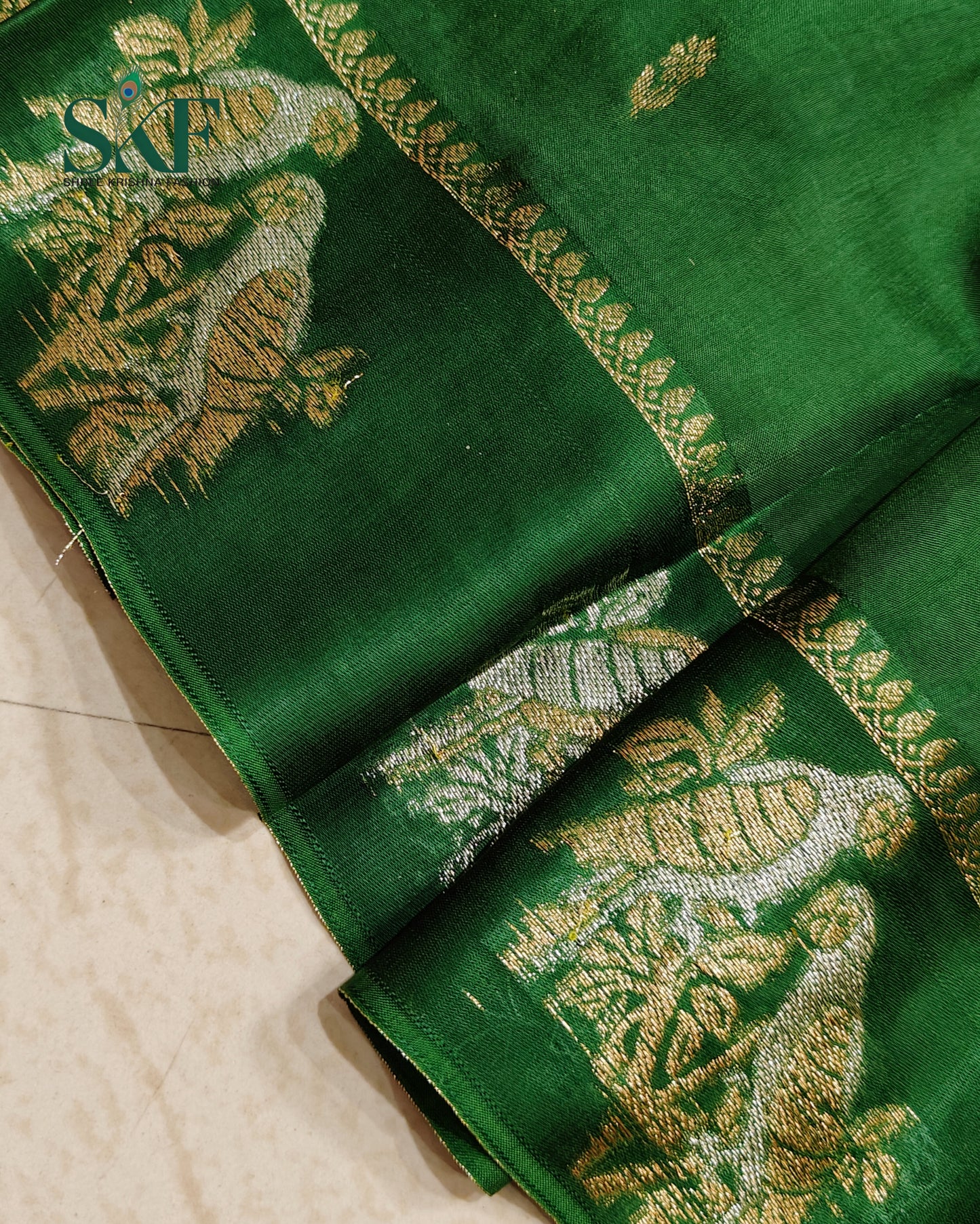 HO SILK PARROT BORDER ZARI BUTTY WEAVING WORK BOTTLE GREEN SAREE BY SKFBHOLUBHAI