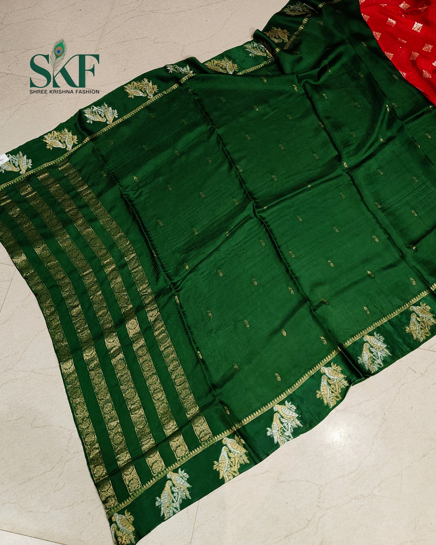 HO SILK PARROT BORDER ZARI BUTTY WEAVING WORK BOTTLE GREEN SAREE BY SKFBHOLUBHAI