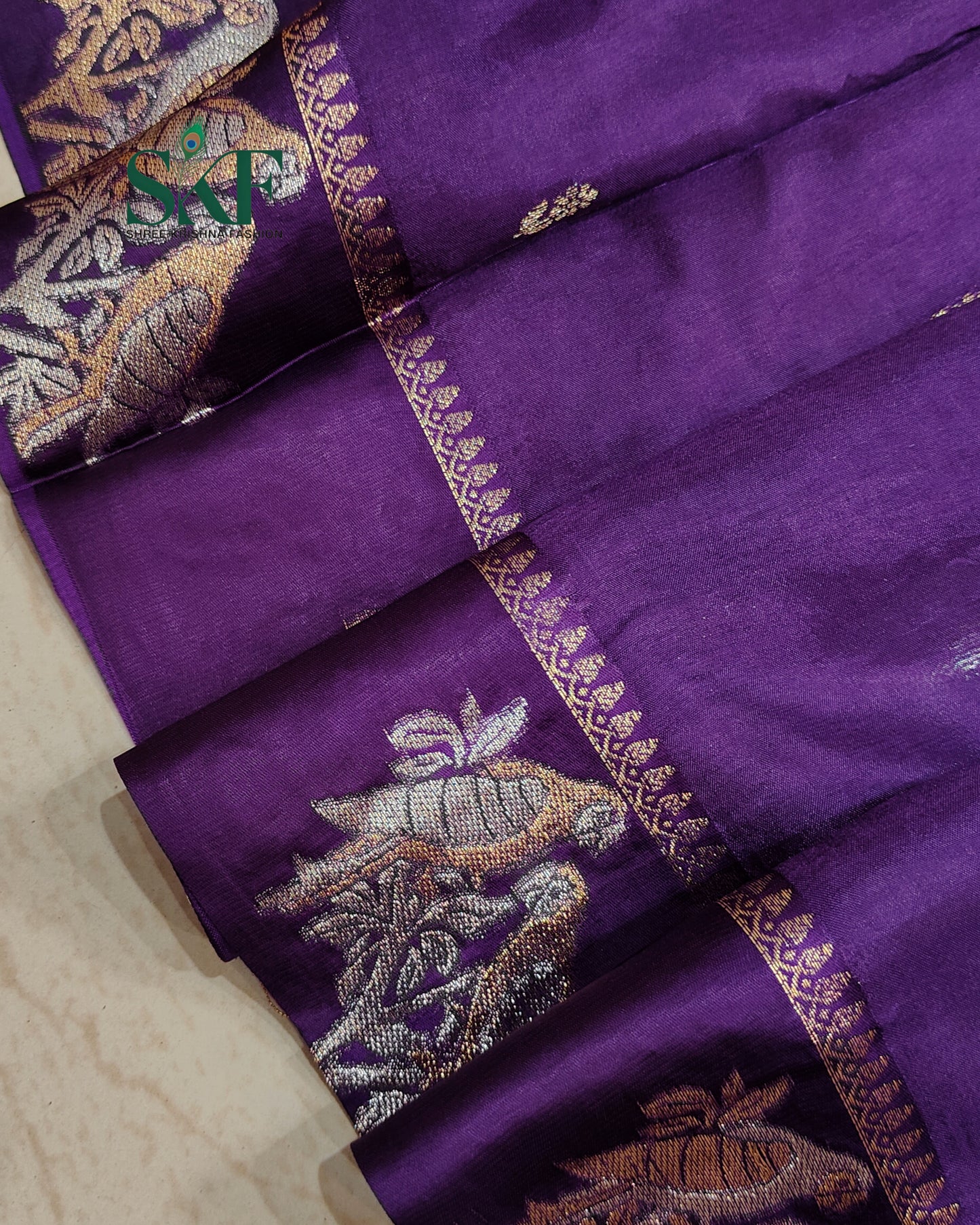 HO SILK PARROT BORDER ZARI BUTTY WEAVING WORK BRINJAL PURPLE SAREE BY SKFBHOLUBHAI