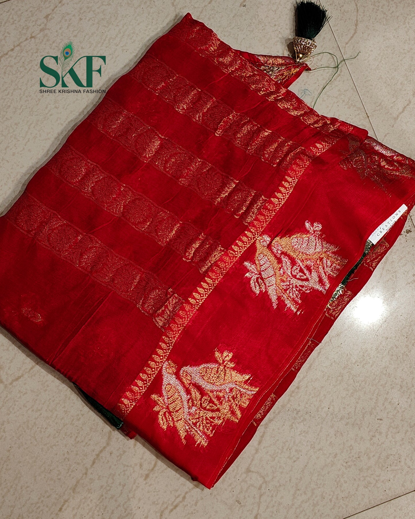 HO SILK PARROT BORDER ZARI BUTTY WEAVING WORK RED SAREE BY SKFBHOLUBHAI