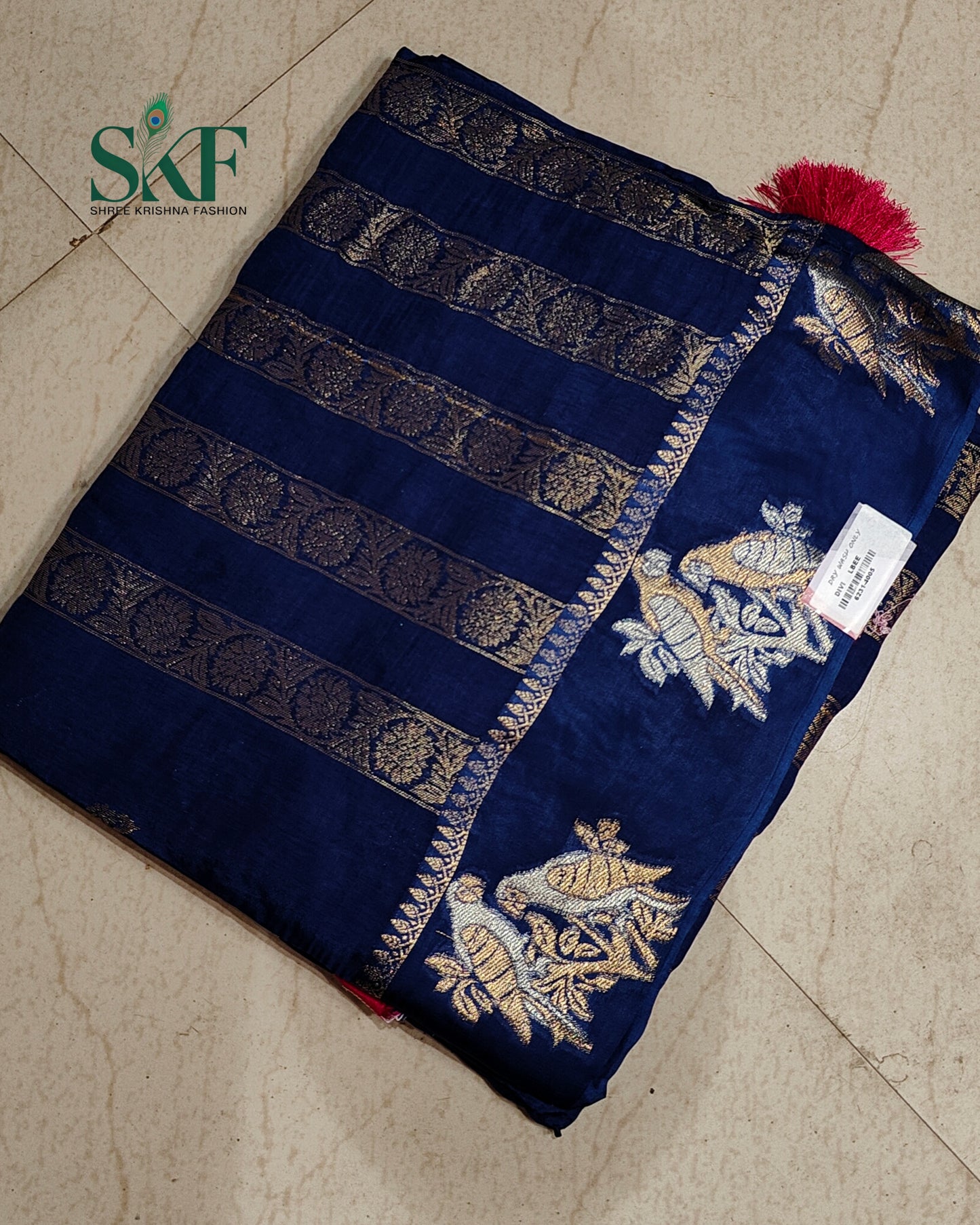 HO SILK PARROT BORDER ZARI BUTTY WEAVING WORK NAVY BLUE SAREE BY SKFBHOLUBHAI