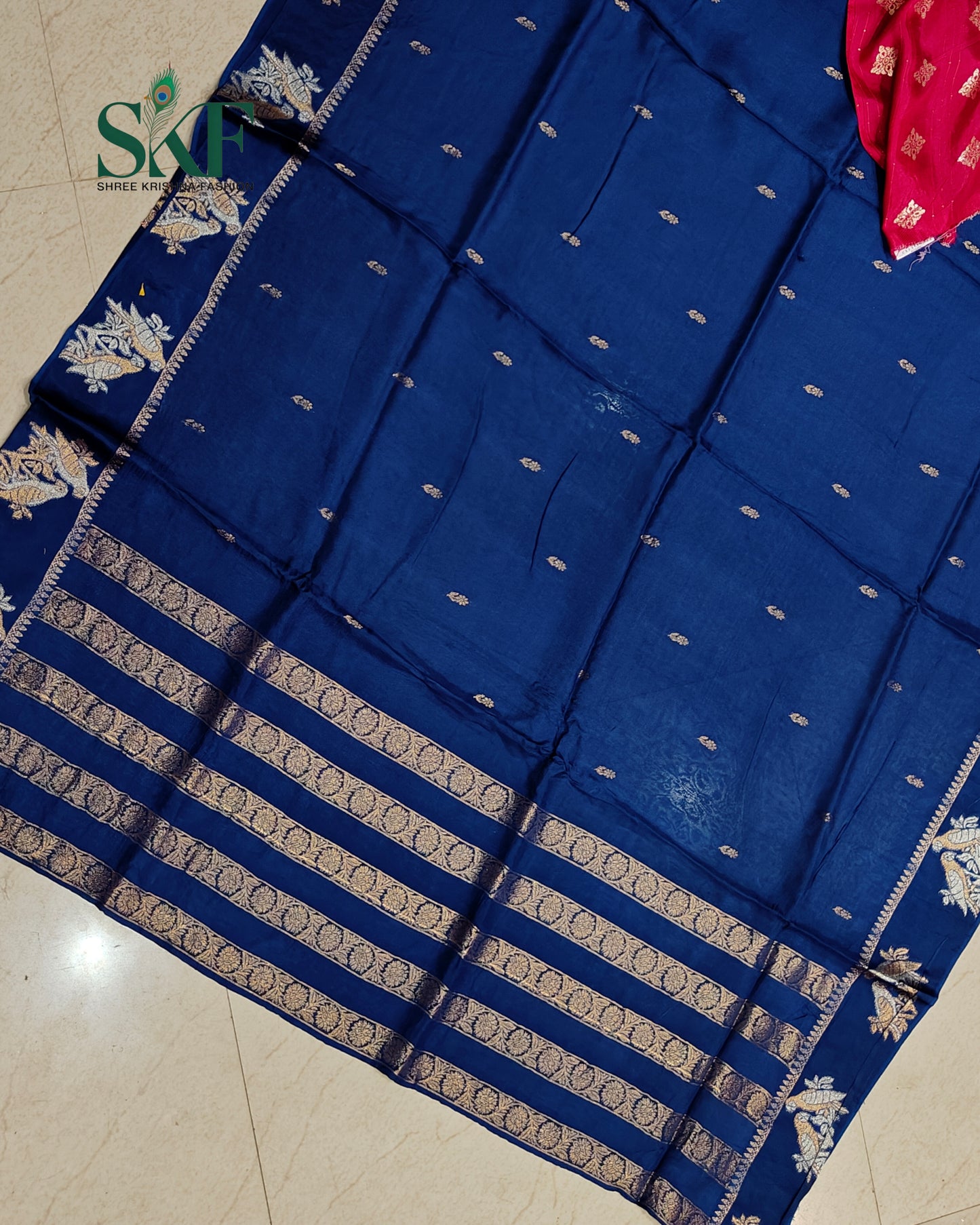 HO SILK PARROT BORDER ZARI BUTTY WEAVING WORK NAVY BLUE SAREE BY SKFBHOLUBHAI