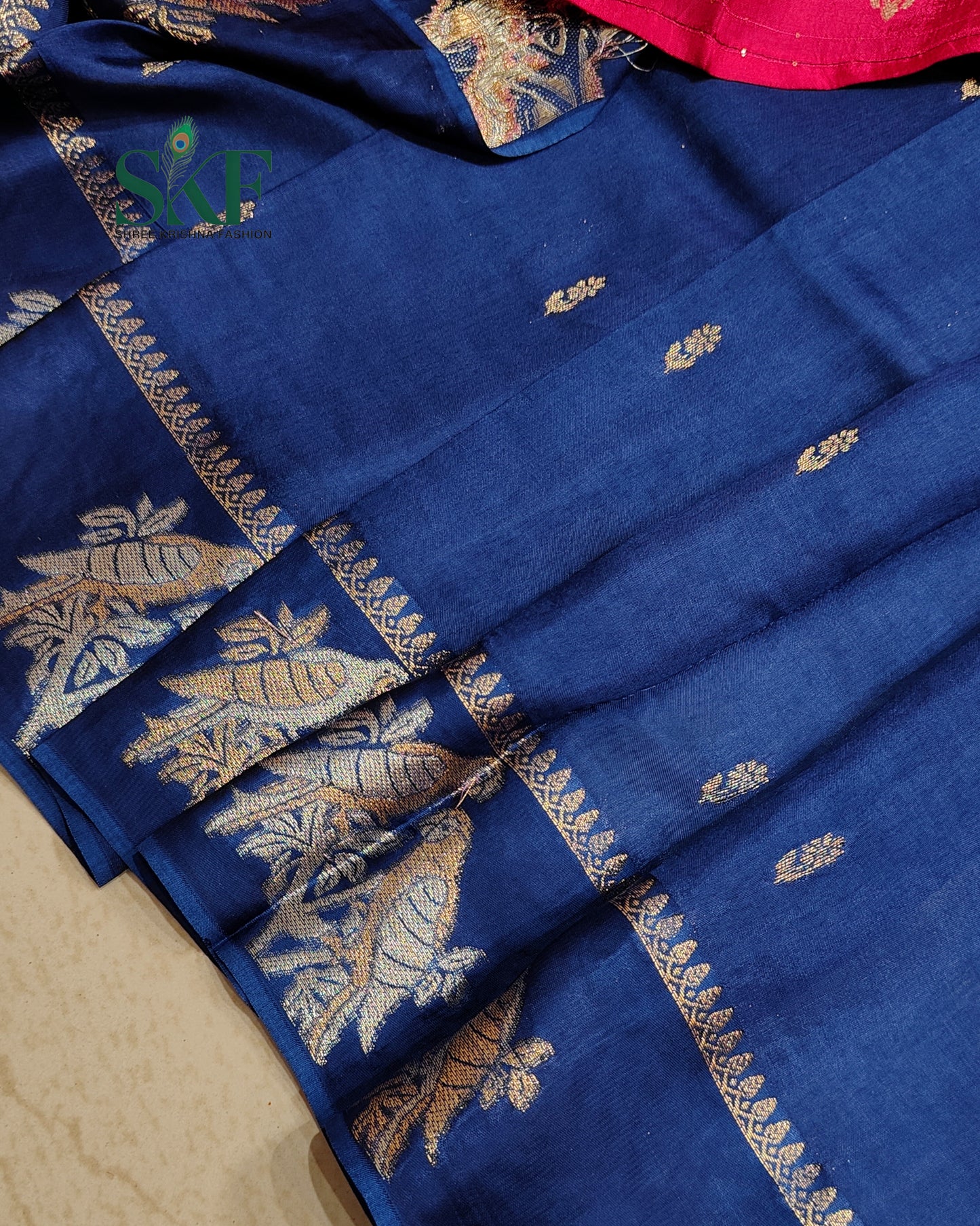 HO SILK PARROT BORDER ZARI BUTTY WEAVING WORK NAVY BLUE SAREE BY SKFBHOLUBHAI