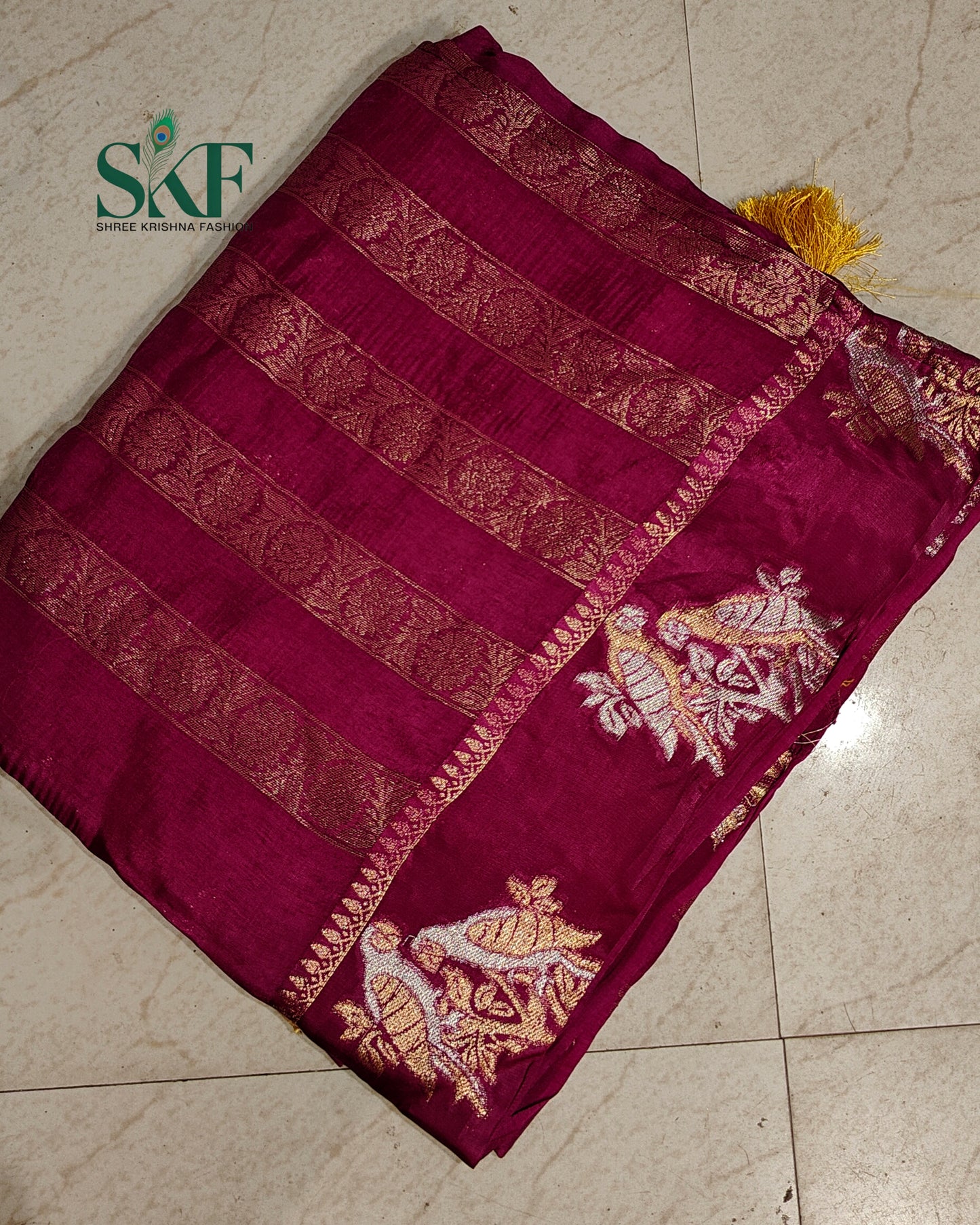 HO SILK PARROT BORDER ZARI BUTTY WEAVING WORK WINE SAREE BY SKFBHOLUBHAI