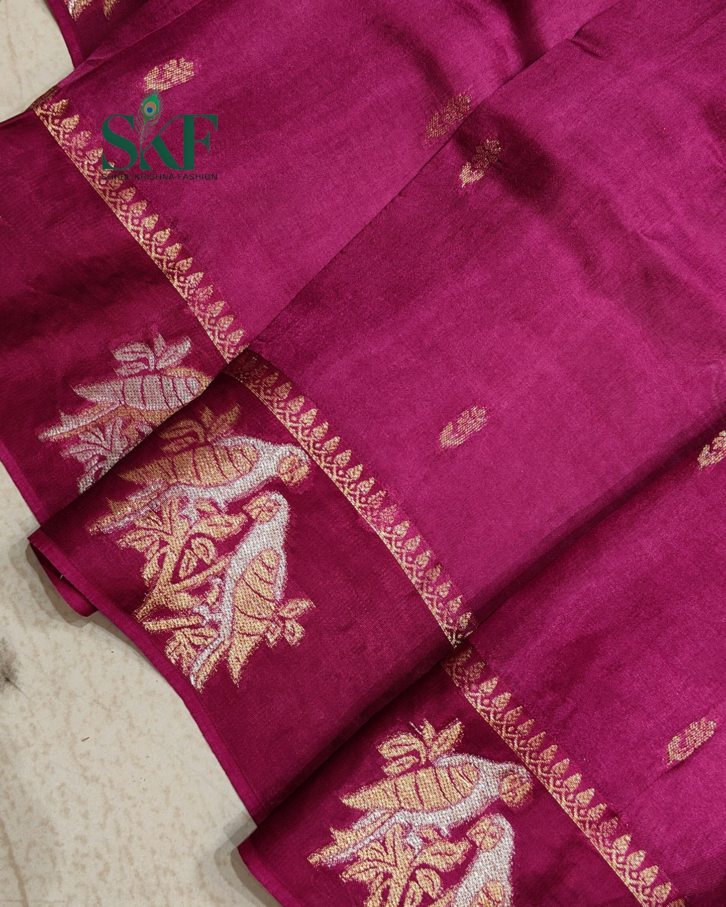 HO SILK PARROT BORDER ZARI BUTTY WEAVING WORK WINE SAREE BY SKFBHOLUBHAI