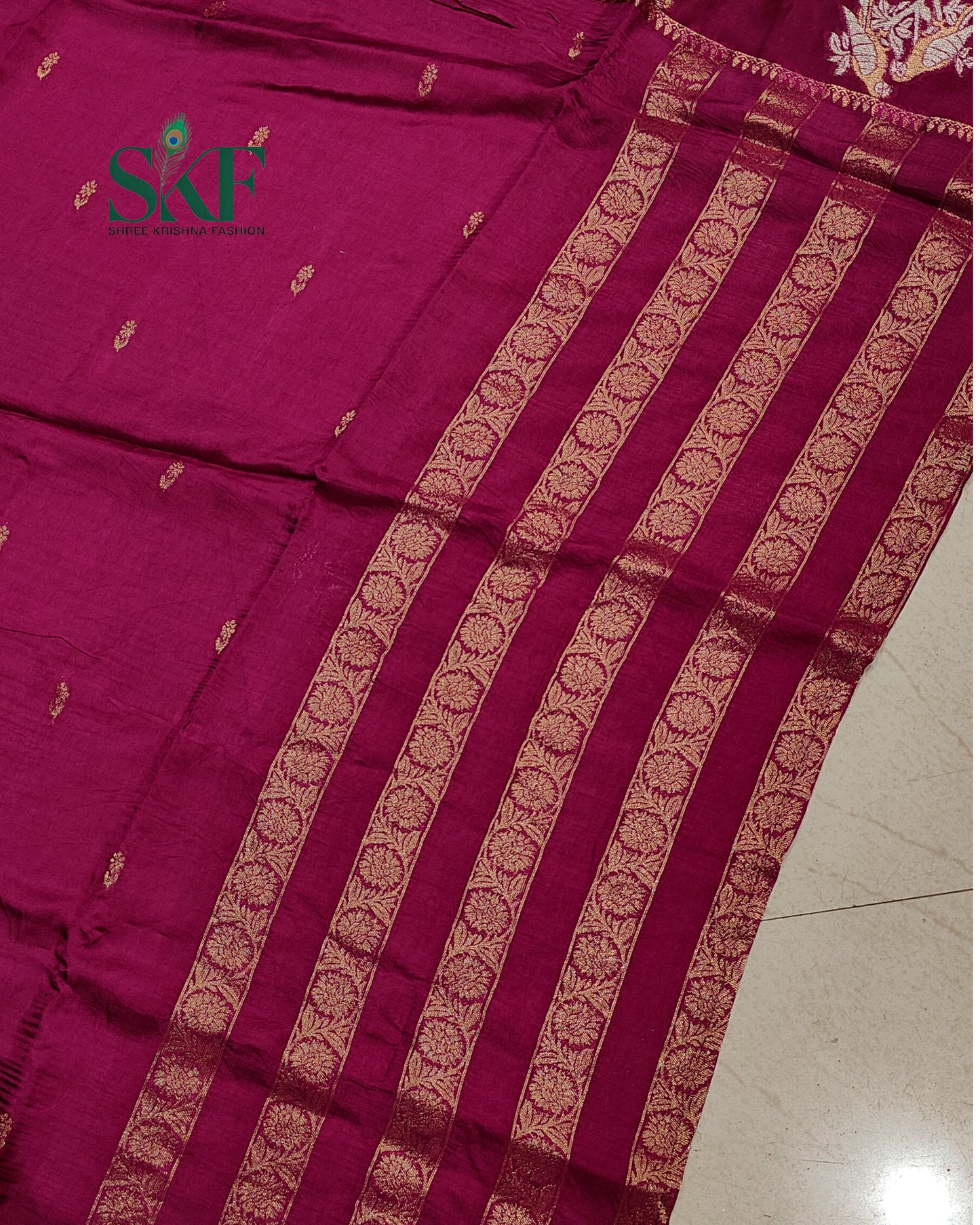 HO SILK PARROT BORDER ZARI BUTTY WEAVING WORK WINE SAREE BY SKFBHOLUBHAI