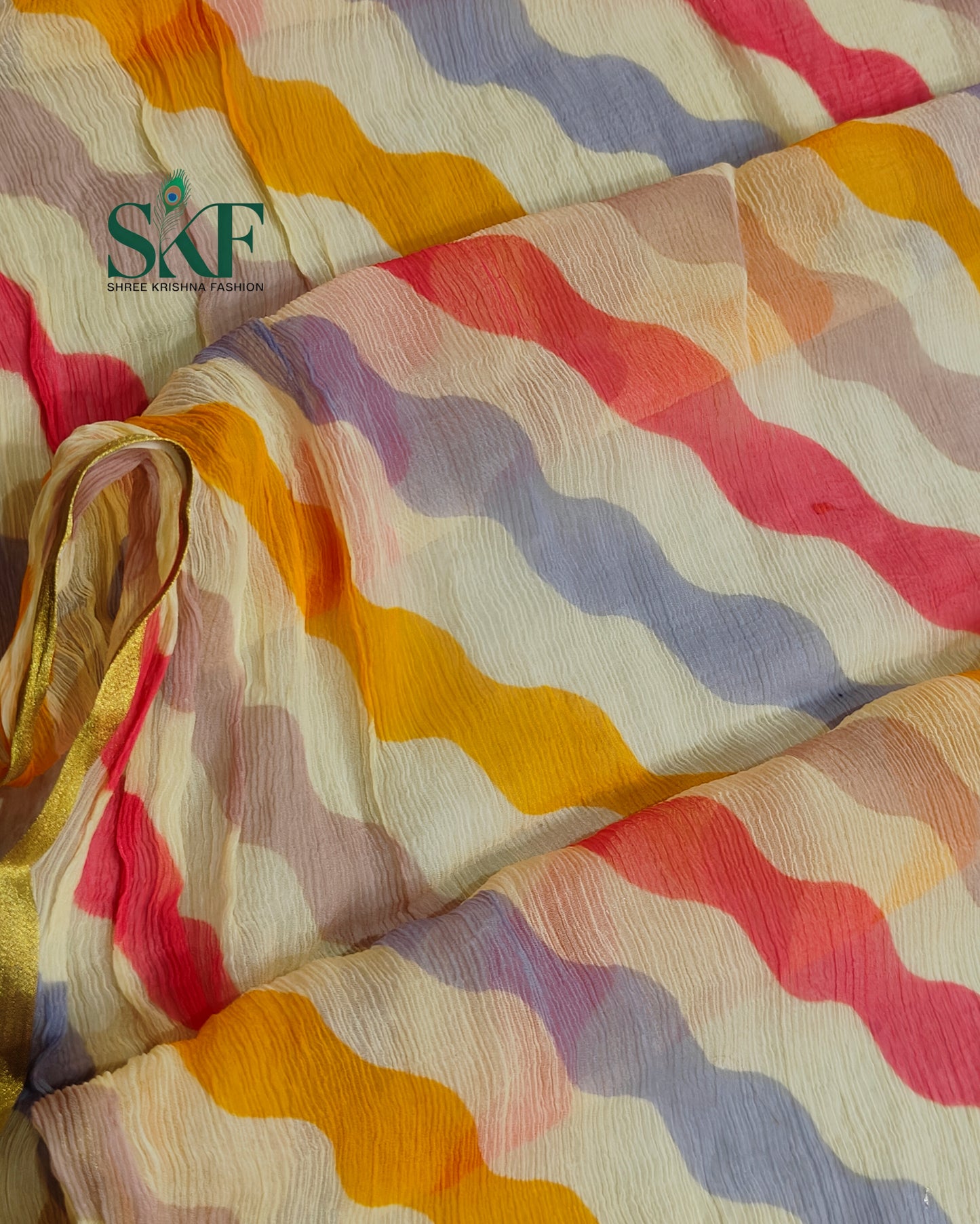 PURE CHIFFON LEHRIYA ZARI BORDER PINK SAREE BY SKFBHOLUBHAI