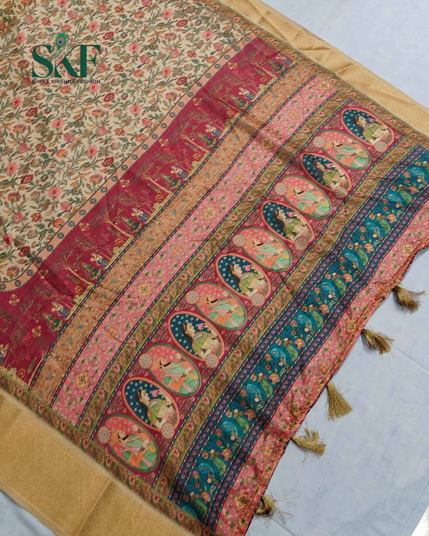 JUTT SLUB TEXTERED MUGLAI FLORAL DIGITAL PRINT BEIDGE SAREE BY SKFBHOLUBHAI