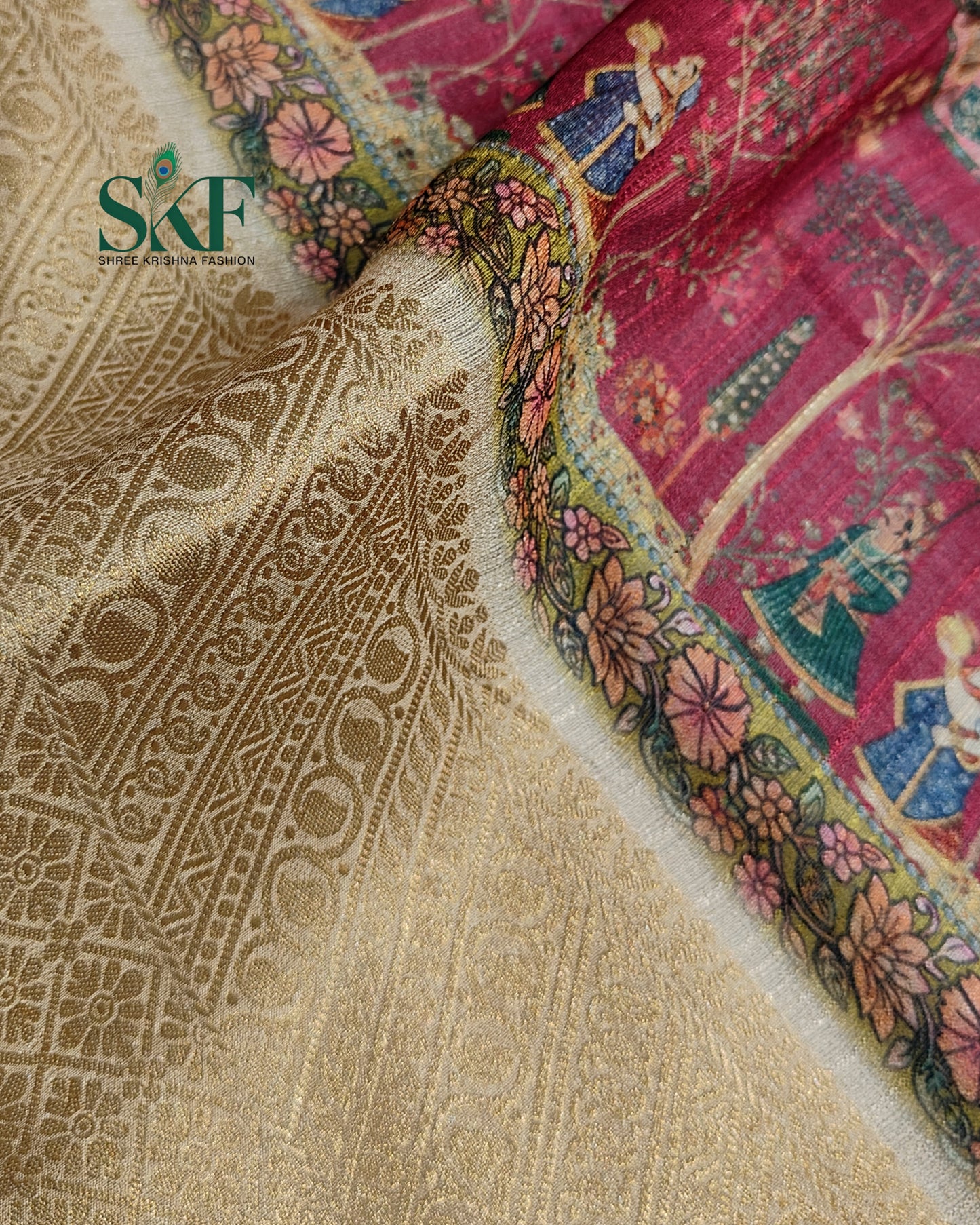 JUTT SLUB TEXTERED MUGLAI FLORAL DIGITAL PRINT BEIDGE SAREE BY SKFBHOLUBHAI