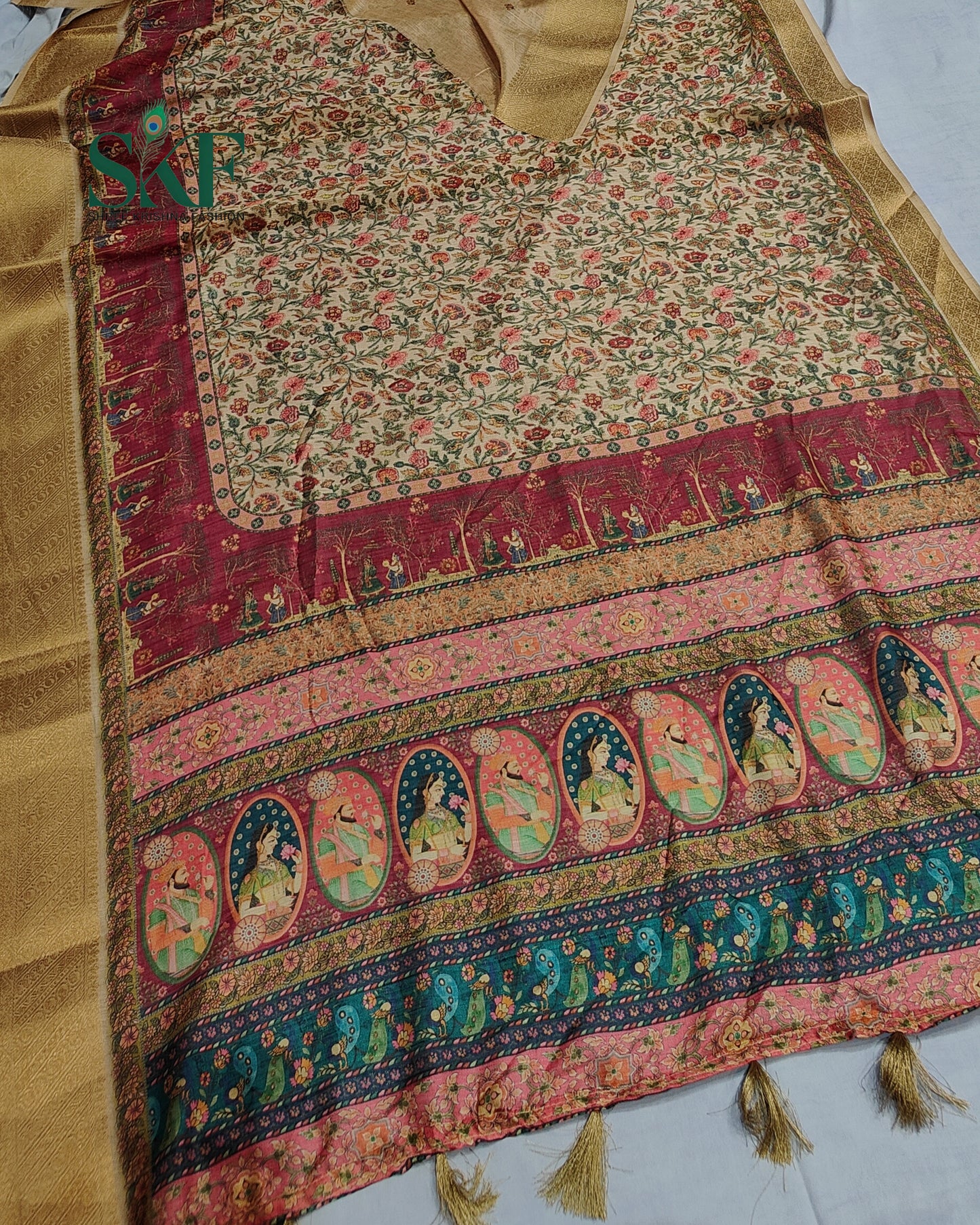 JUTT SLUB TEXTERED MUGLAI FLORAL DIGITAL PRINT BEIDGE SAREE BY SKFBHOLUBHAI