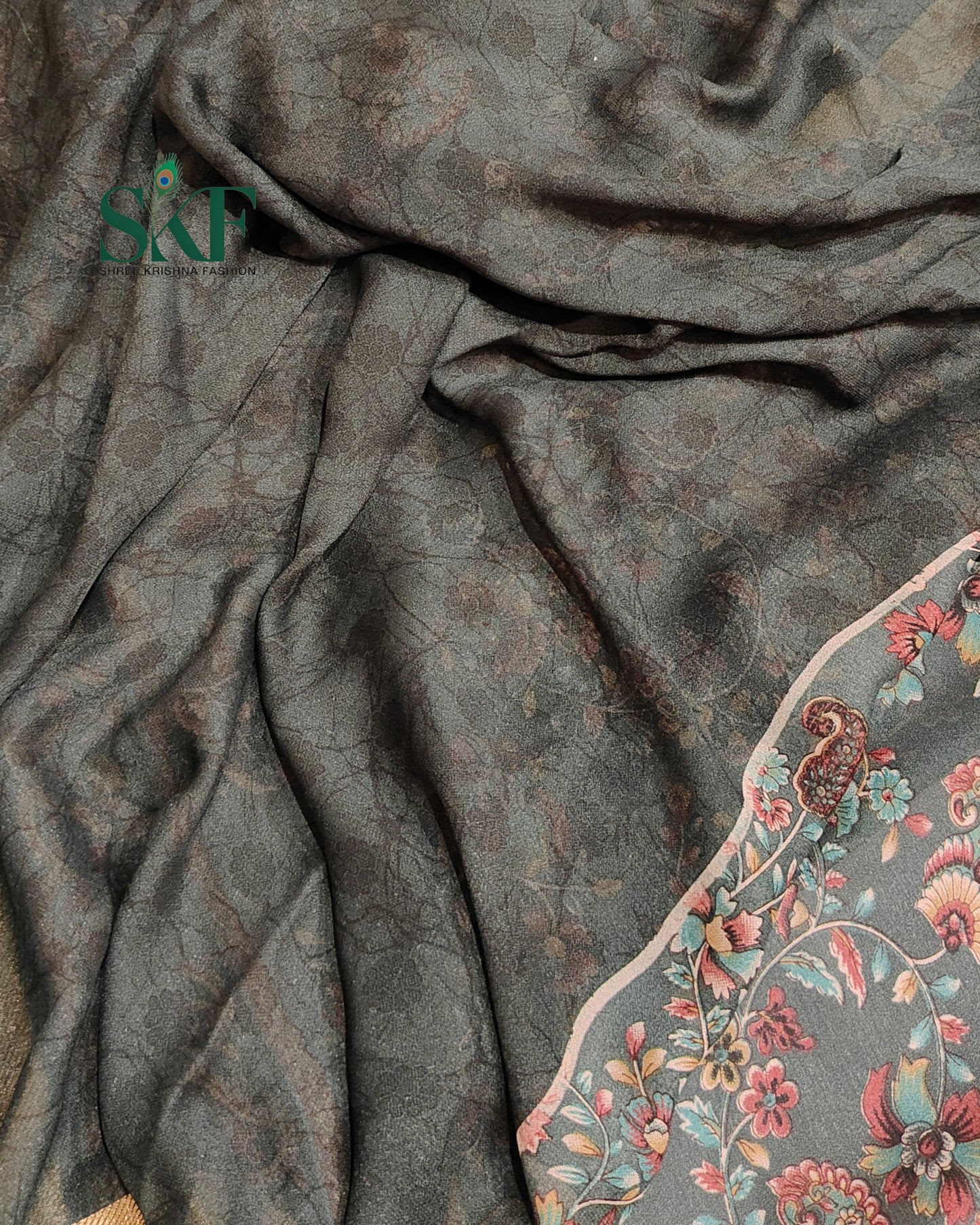 MARBLE GEORGETTE FLORAL PRINT DAILYWEAR CHARCOAL GREY SAREE BY SKFBHOLUBHAI
