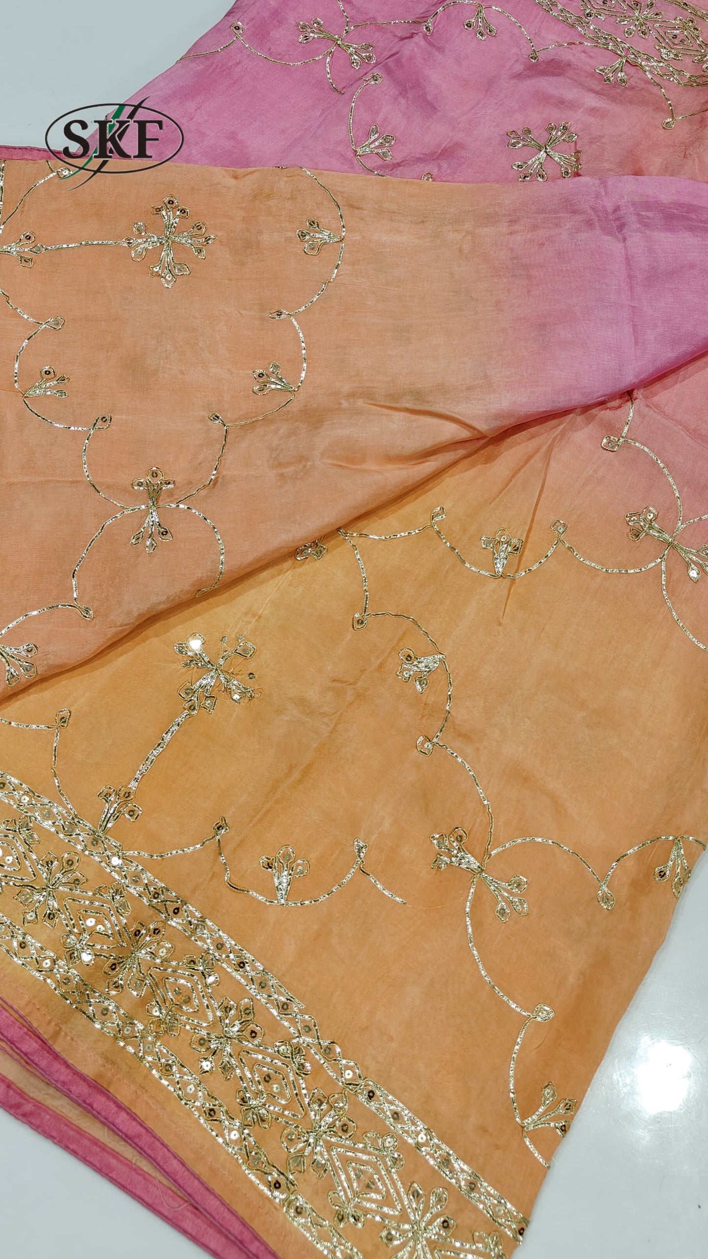 HO SILK OMBRE DYE KHACHA GOTTA JAAL WORK PINK OMBRE DYE SAREE BY SKFBHOLUBHAI