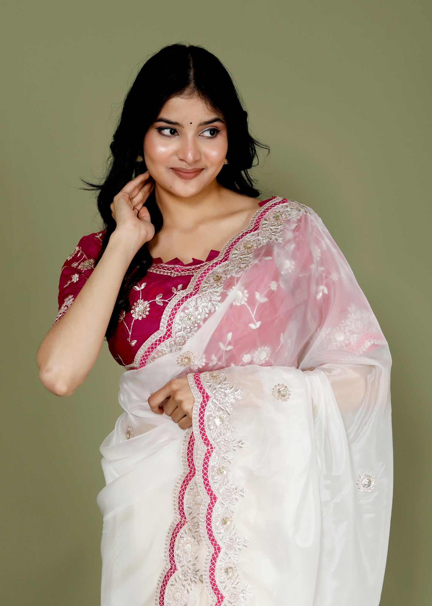 NEAT ORGANZA ZARI EMBROIDERY CUTWORK STICH BLOUSE IVORY SAREE BY SKFBHOLUBHAI