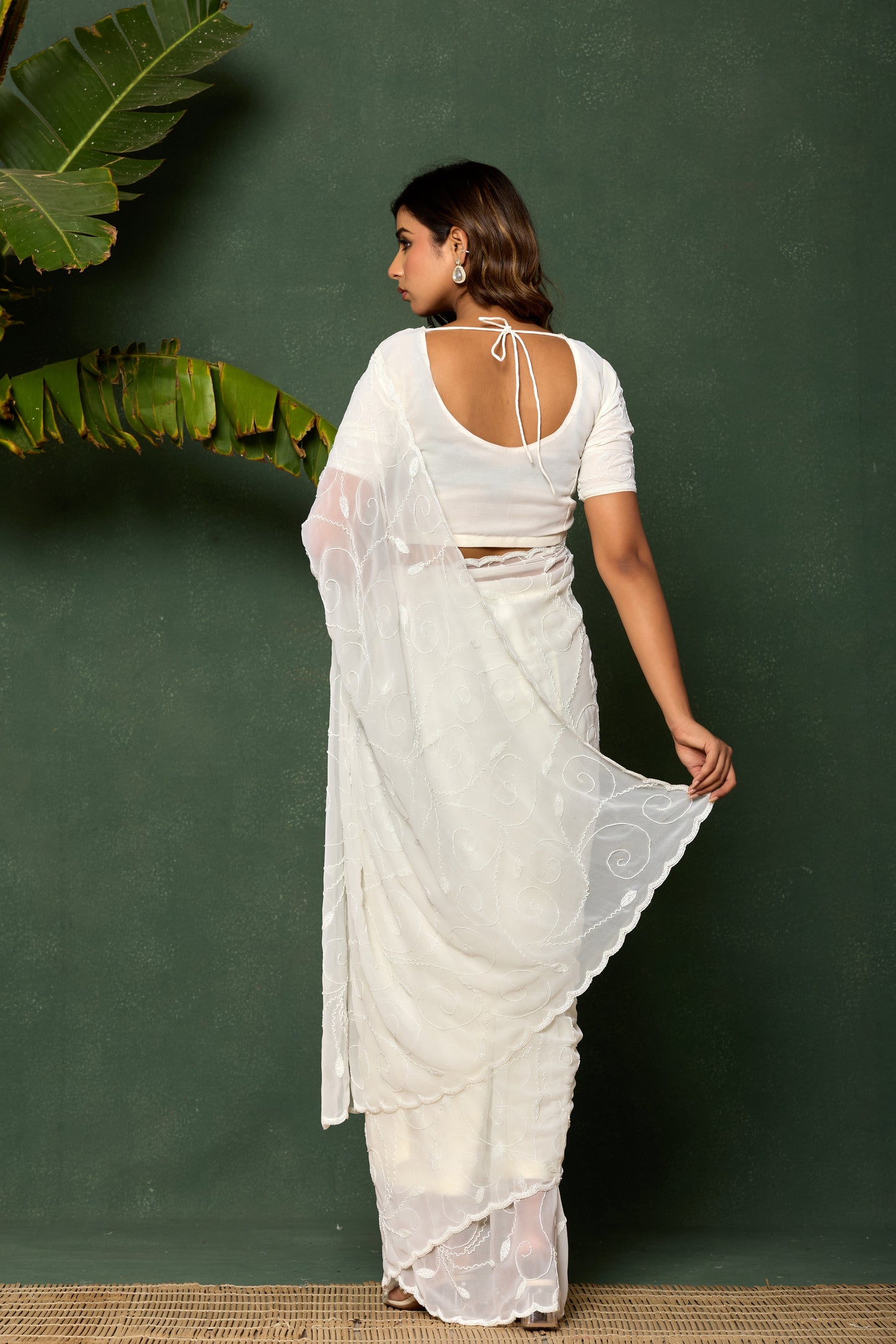GEORGETTE KARDANA BEADS JAAL HANDWORK IVORY SAREE BY SKFBHOLUBHAI