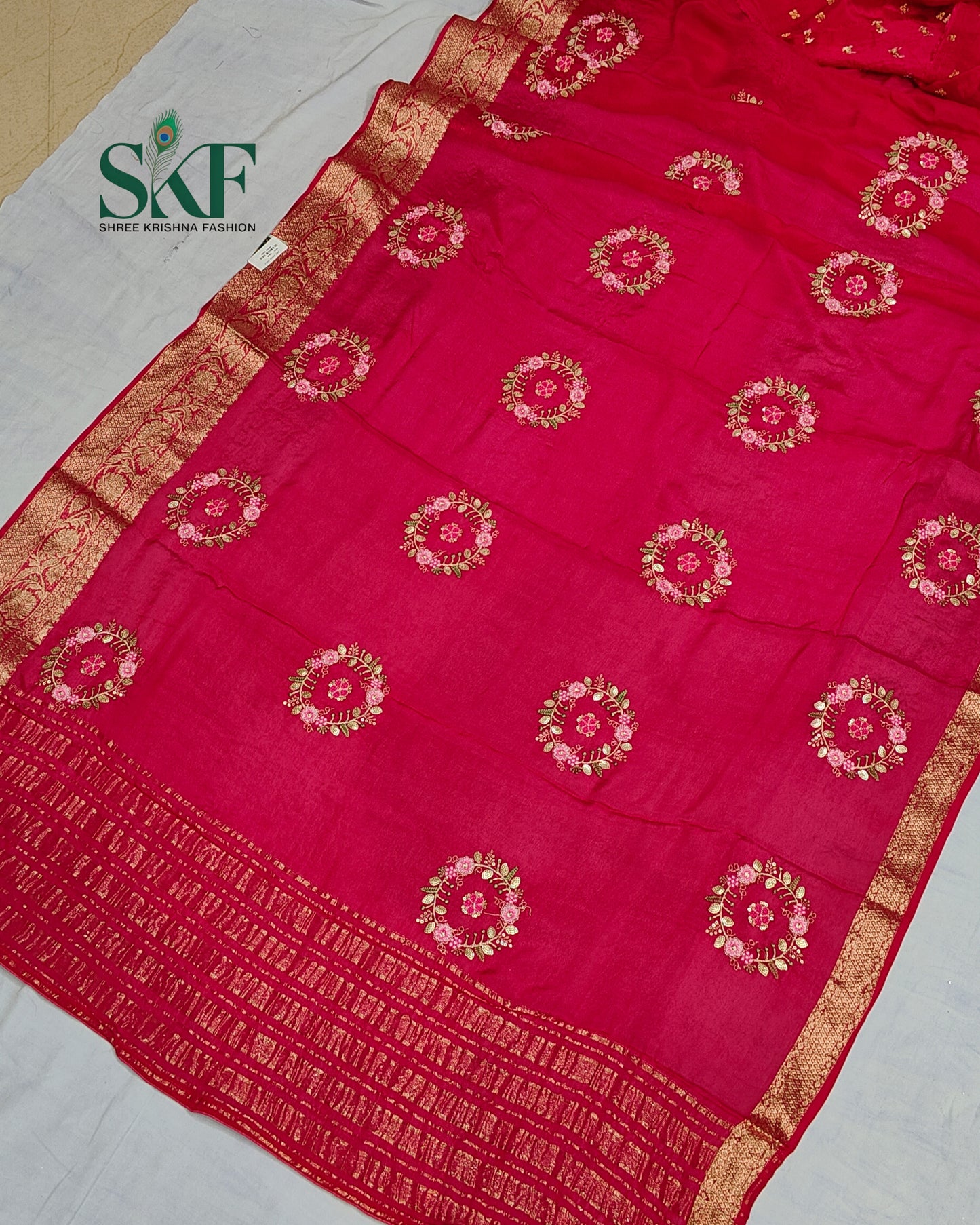 CHINON SEQUENCE EMBROIDERY WEAVING WORK RANIPINK SAREE BY SKFBHOLUBHAI