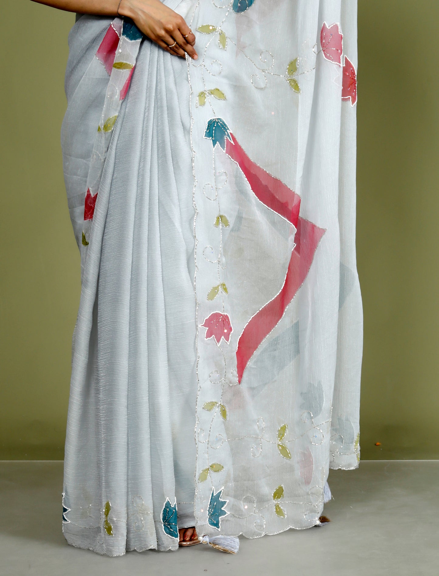 CHIFFON HAND PAINTED HANDWORK GREY SAREE BY SKFBHOLUBHAI