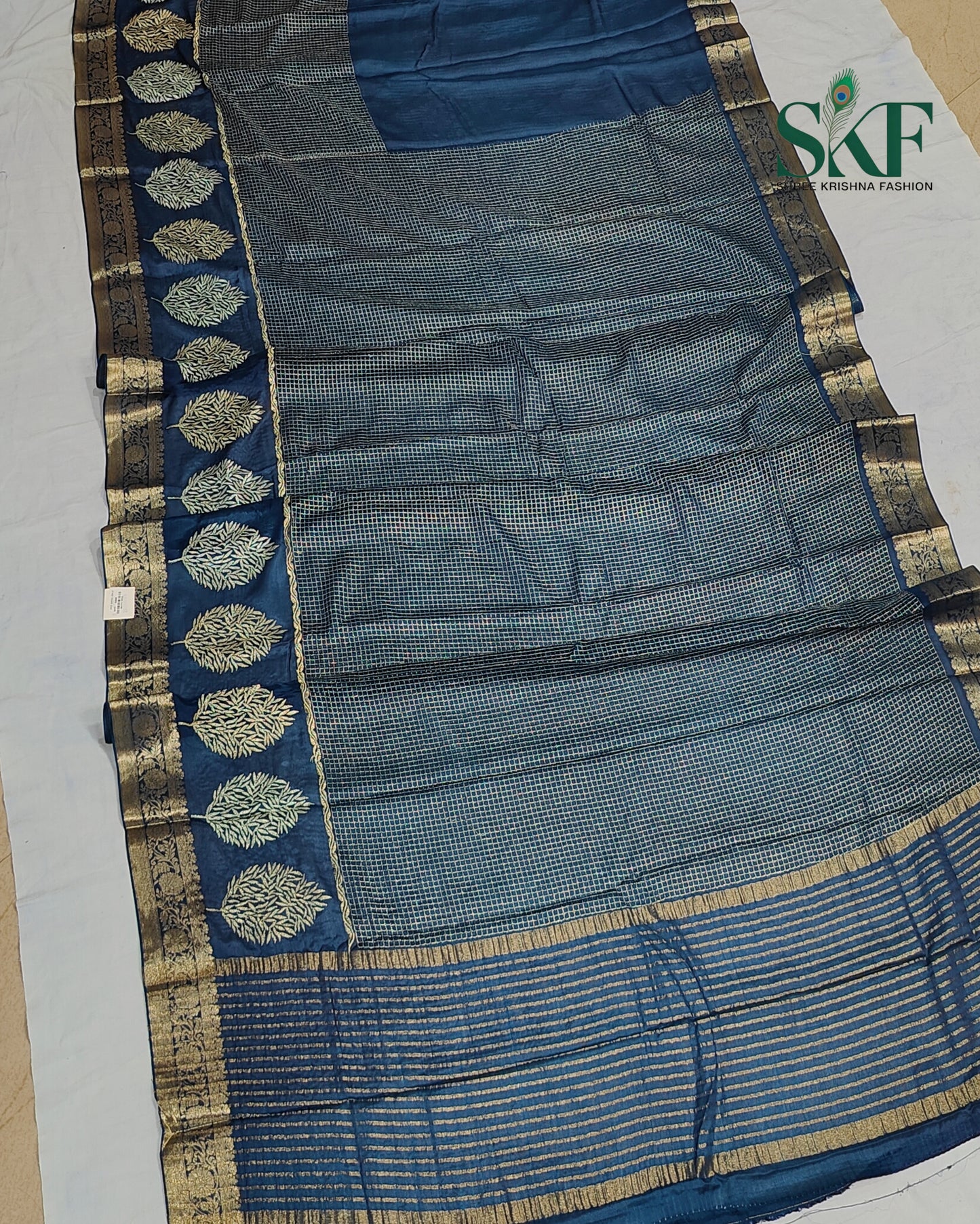 CHINON EMBROIDERY WEAVING BORDER WORK NAVYBLUE SAREE BY SKFBHOLUBHAI