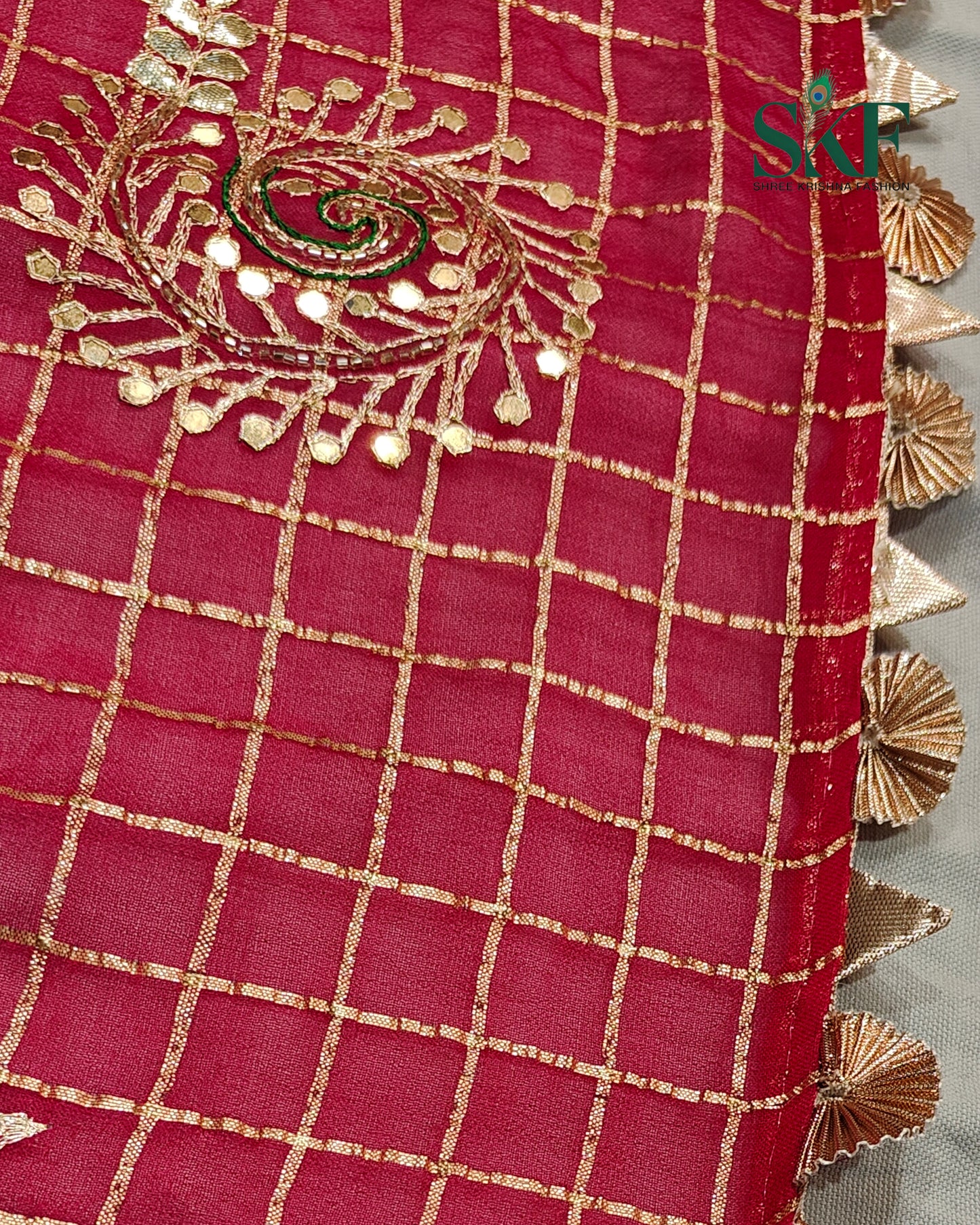 VISCOSS GEORGETTE AARI GOTTA CHEKERD SATIN BORDER WORK RANIPINK SAREE BY SKFBHOLUBHAI