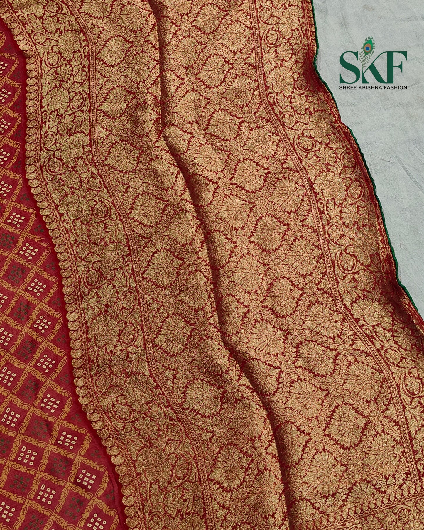 KHADI NEEM JARI GEORGETTE BHANDHANI MAHROON SAREE BY SKFBHOLUBHAI