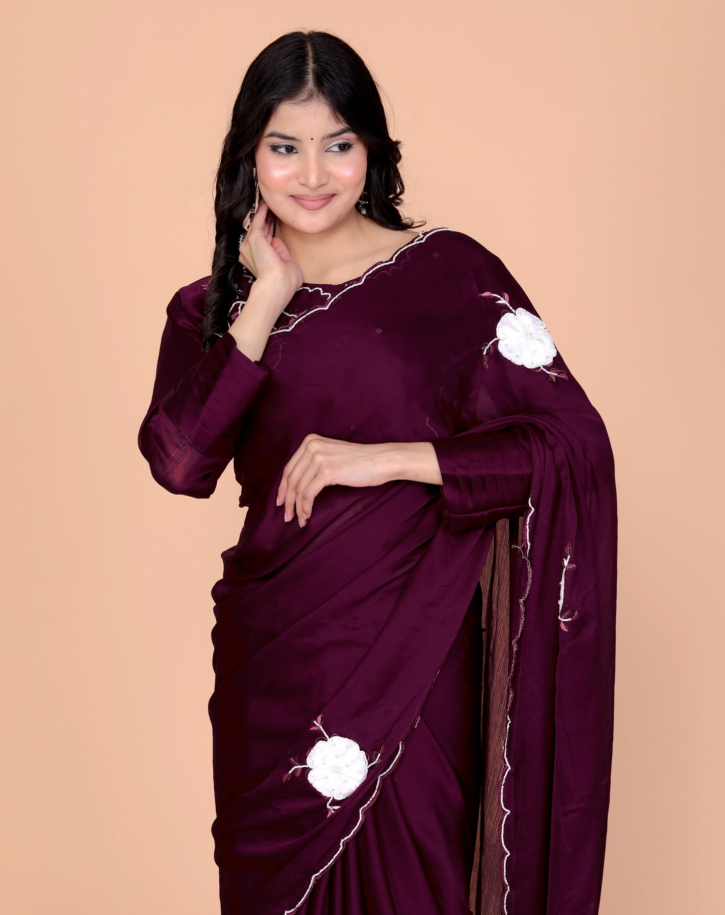 CHINON CREPE HAND BEADED WORK STICH BLOUSE WINE SAREE BY SKFBHOLUBHAI