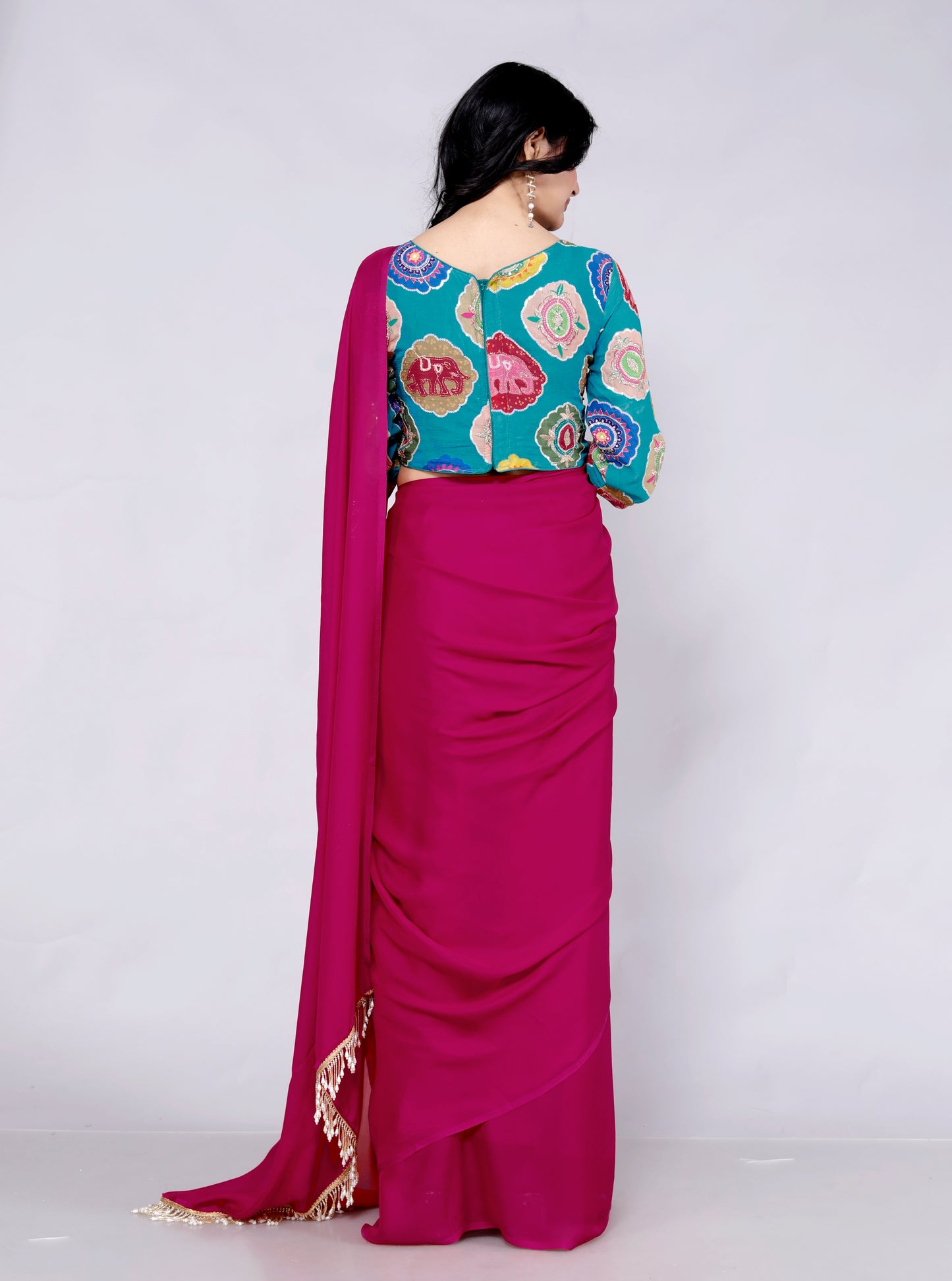 CREPE PLAIN TASSELS WORK RANI PINK SAREE BY SKFBHOLUBHAI
