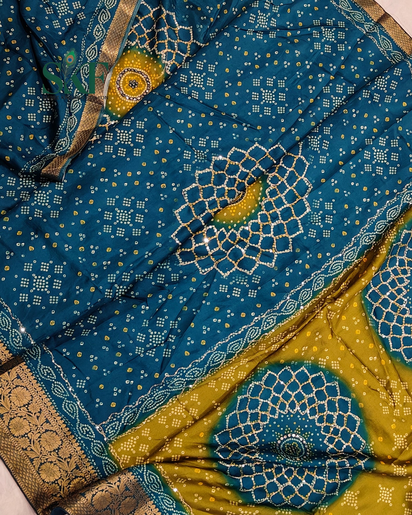 HO SILK BHANDHANI MIRROR WORK TWO TONE TEAL BLUE AND MEHNDI GREEN SAREE BY SKFBHOLUBHAI