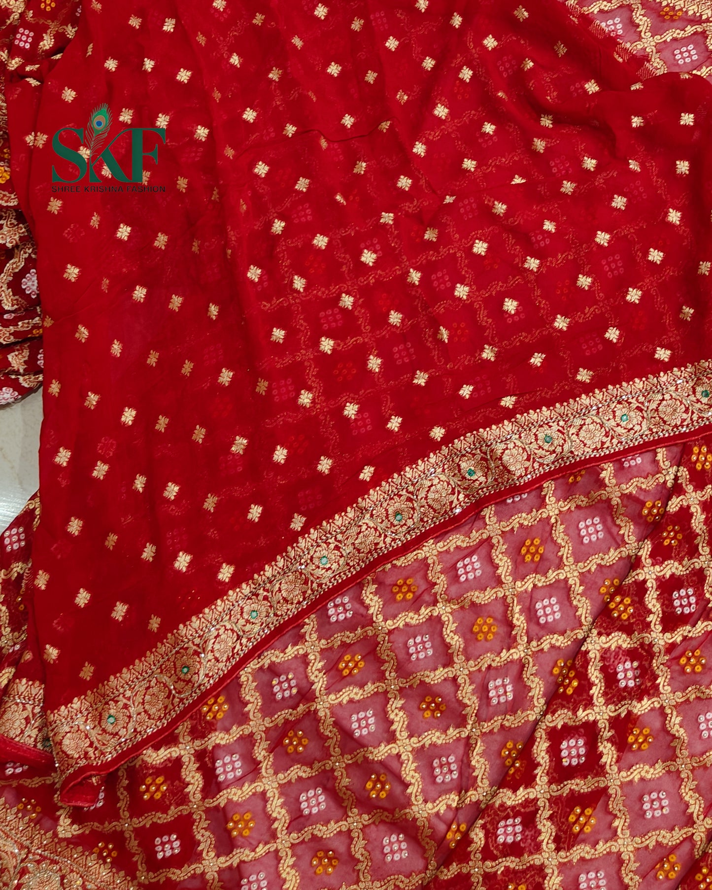 KHADI NEEM JARI GEORGETTE BHANDHANI GREEN STONE ZARDOZI HANDWORK SAREE BY SKFBHOLUBHAI