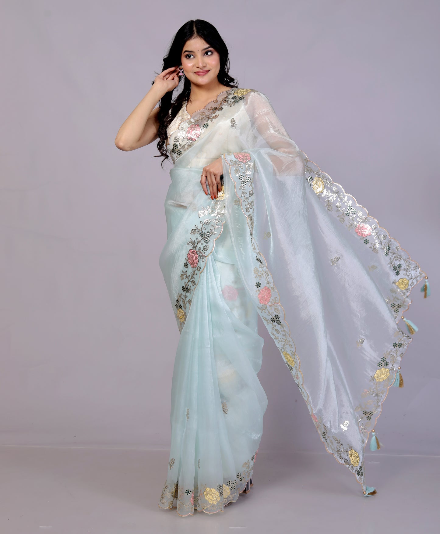 GLOSSY ORGANZA MULTI ZARI EMBROIDERY SKY BLUE SAREE BY SKFBHOLUBHAI