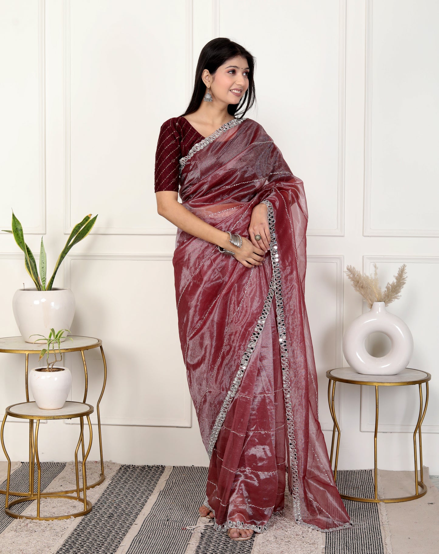 SHIMMER TWILL NET STRIPS HANDWORK SAREE