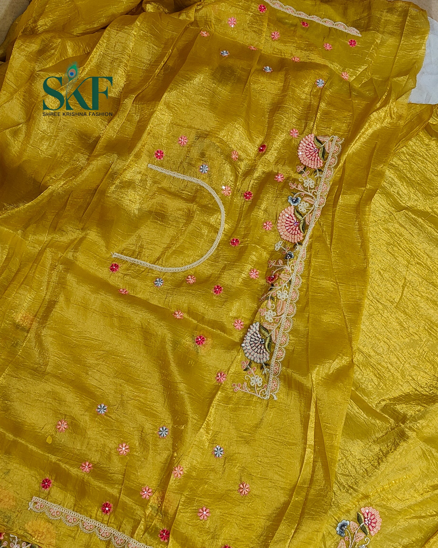 CRUSH TISSUE SIPPI SEQUENCE EMBROIDERY WORK YELLOW SAREE BY SKFBHOLUBHAI