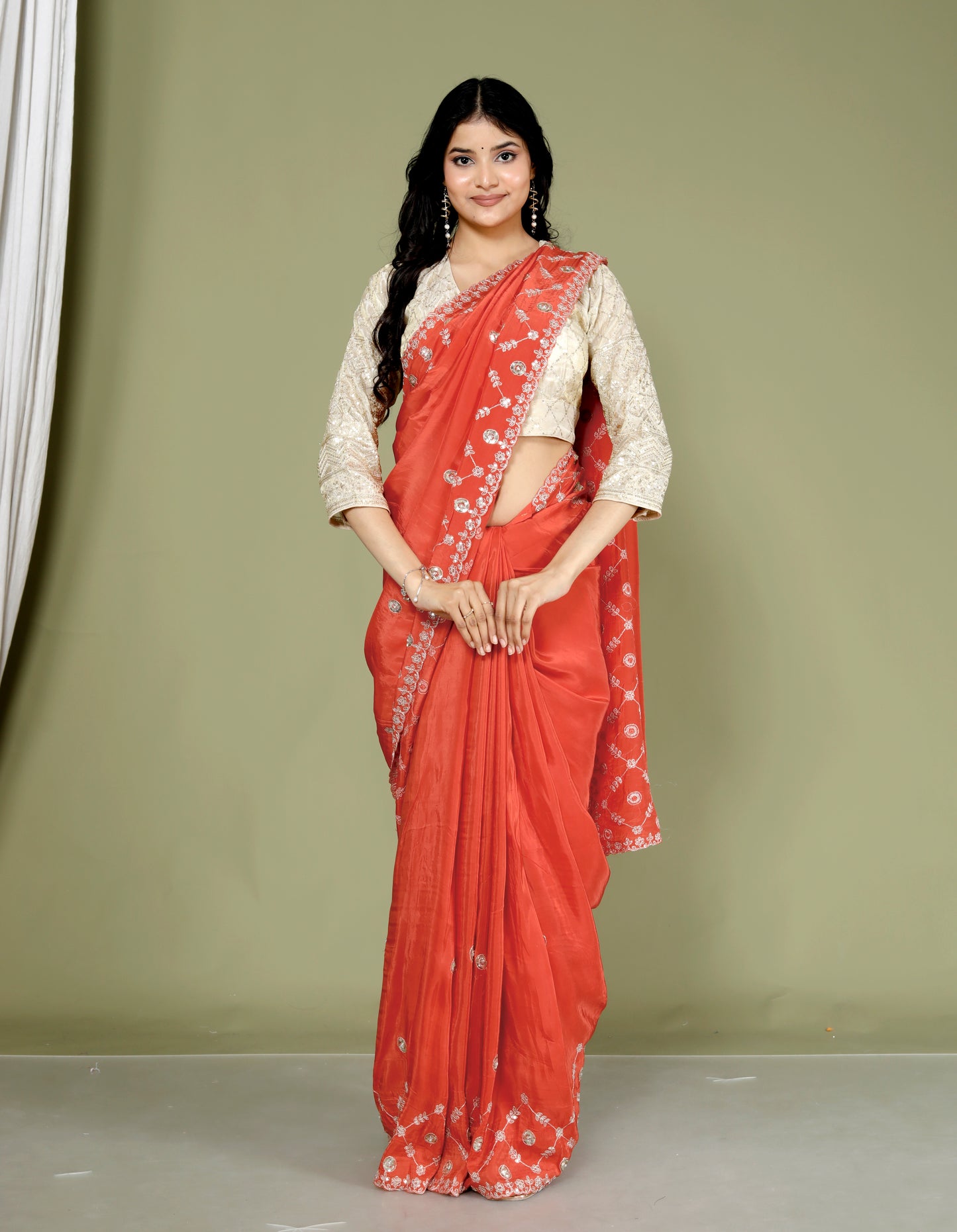 HO SILK ZARI EMBROIDERY BORDER WORK ORGNGE SAREE BY SKFBHOLUBHAI