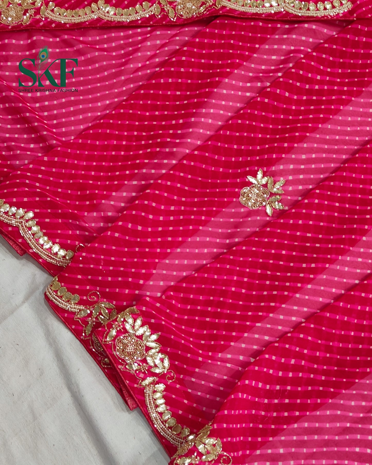 GEORGETTE MODHA LEHRIYA GOTTA PEARL HANDWORK RANIPINK SAREE BY SKFBHOLUBHAI