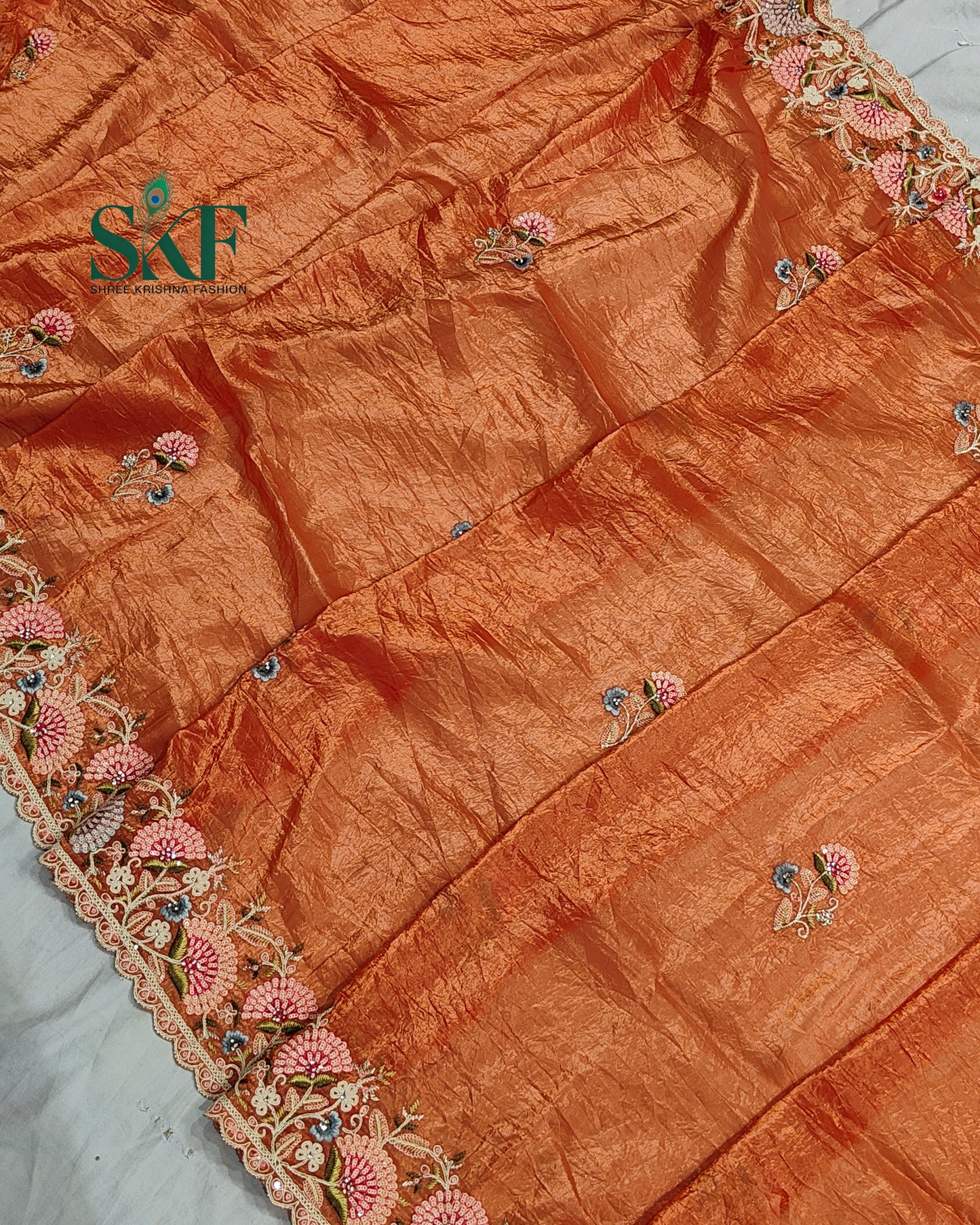 CRUSH TISSUE SIPPI SEQUENCE EMBROIDERY WORK ORANGE RUST SAREE BY SKFBHOLUBHAI