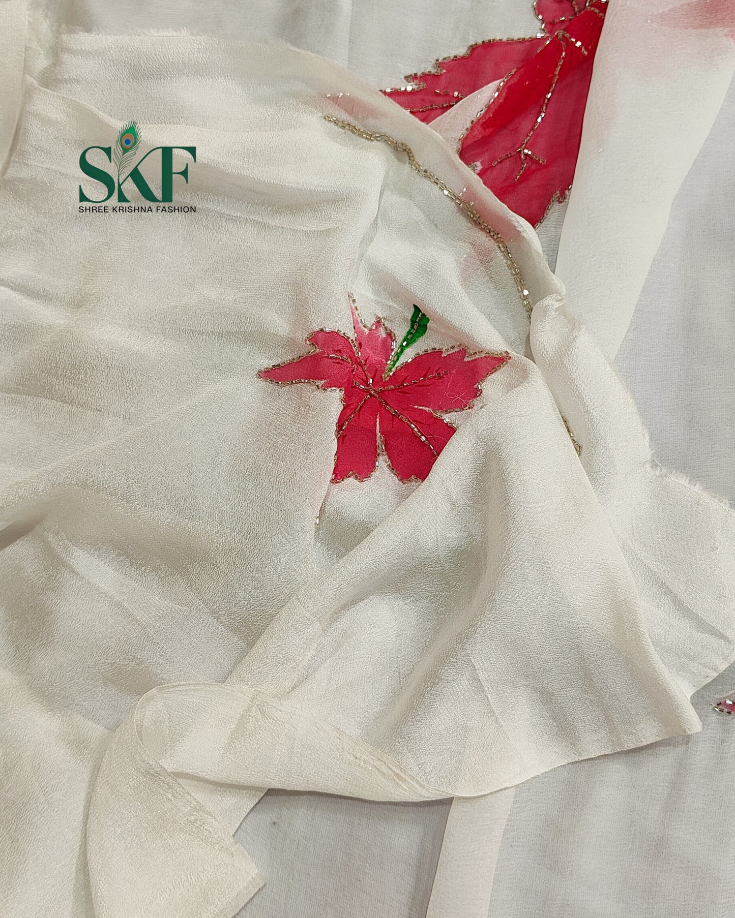 CHIFFON BRUSH PRINT LEAF KARDANA HANDWORK BUTTY WHITE SAREE BY SKFBHOLUBHAI