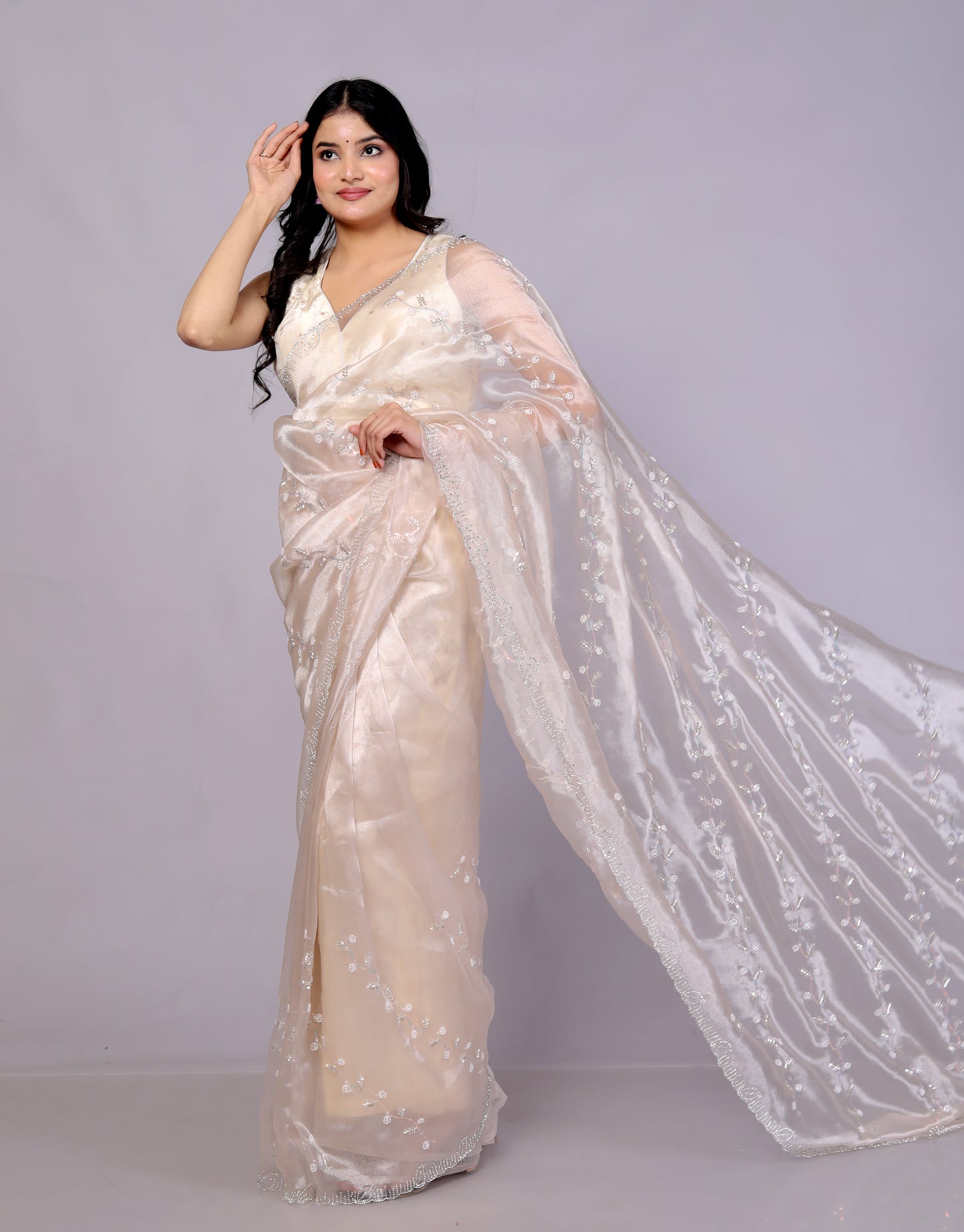 GLOSSY ORGANZA BEATS HANDWORK JAAL IVORY GOLD SAREE BY SKFBHOLUBHAI