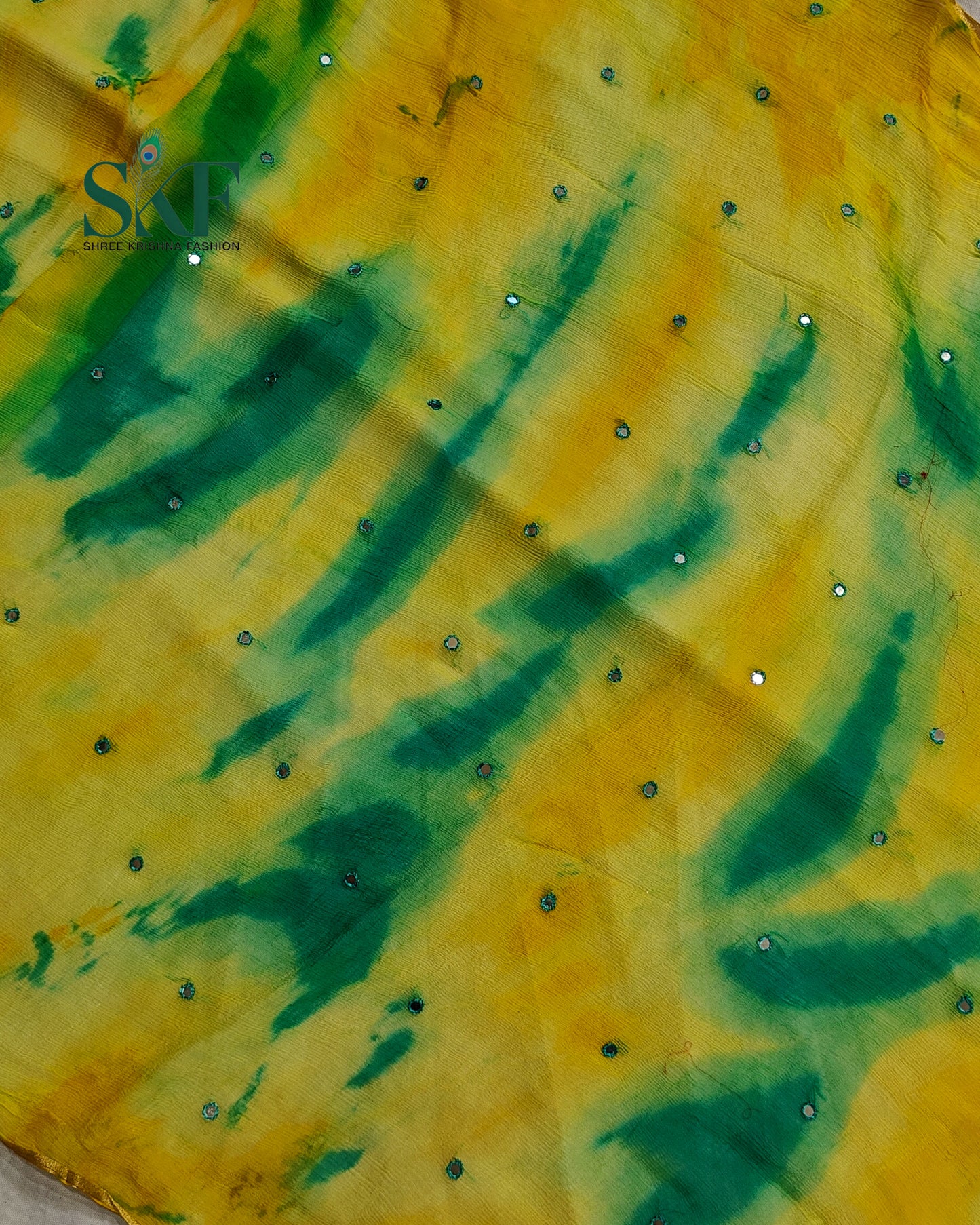 CHIFFON TIEDYE THREAD MIRROR WORK RAMAGREEN SAREE BY SKFBHOLUBHAI