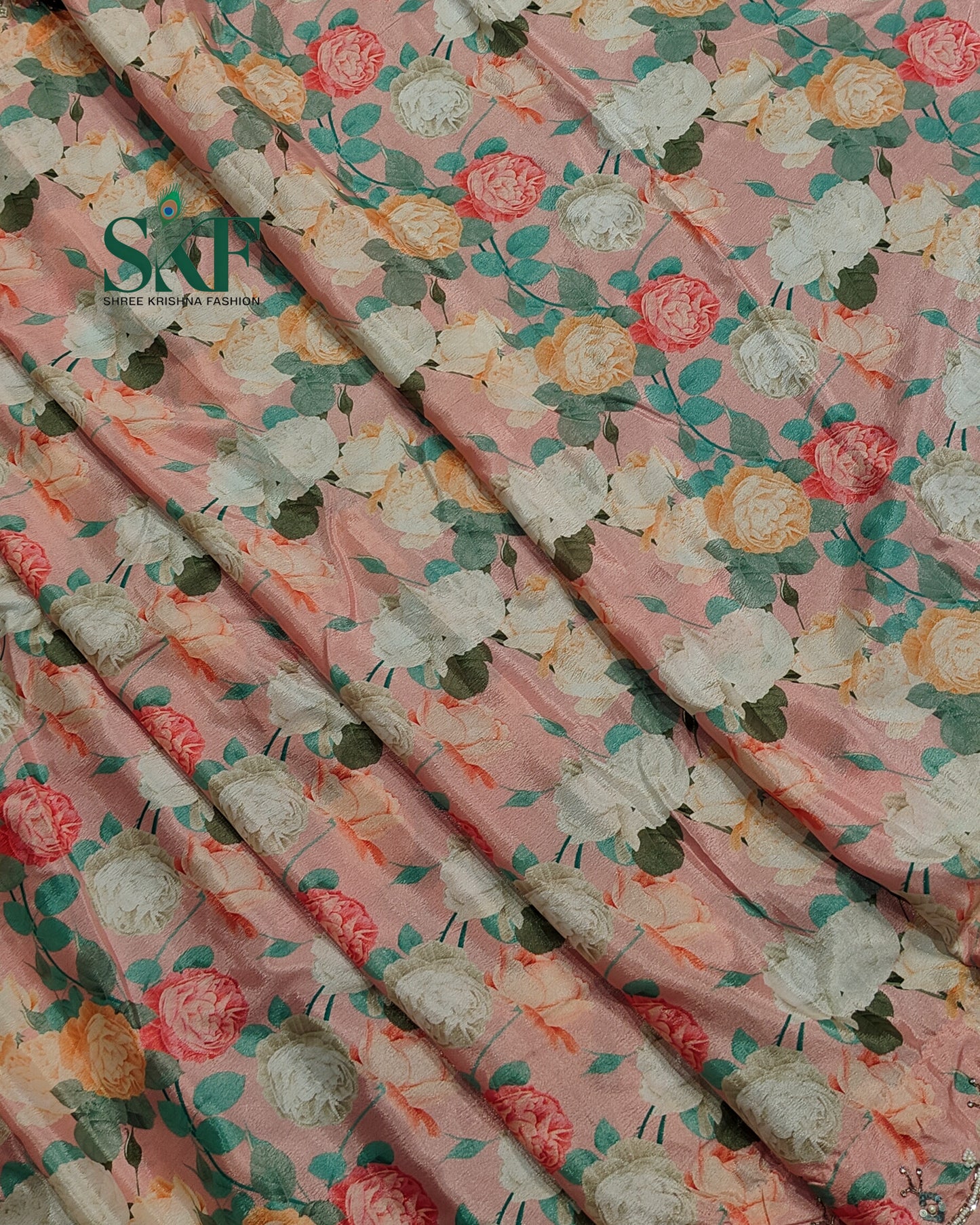 CHINON FLORAL DIGITAL PRINT HANDWORK BLUSHPINK SAREE BY SKFBHOLUBHAI
