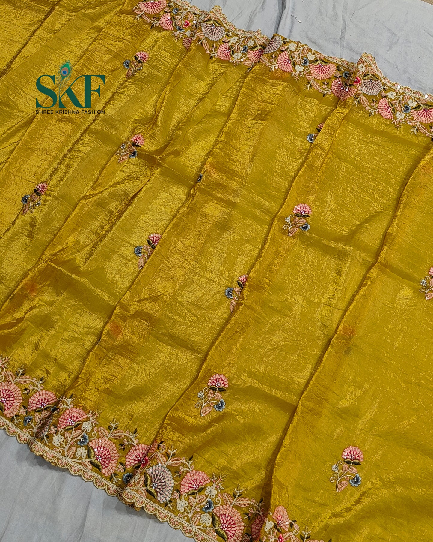 CRUSH TISSUE SIPPI SEQUENCE EMBROIDERY WORK YELLOW SAREE BY SKFBHOLUBHAI