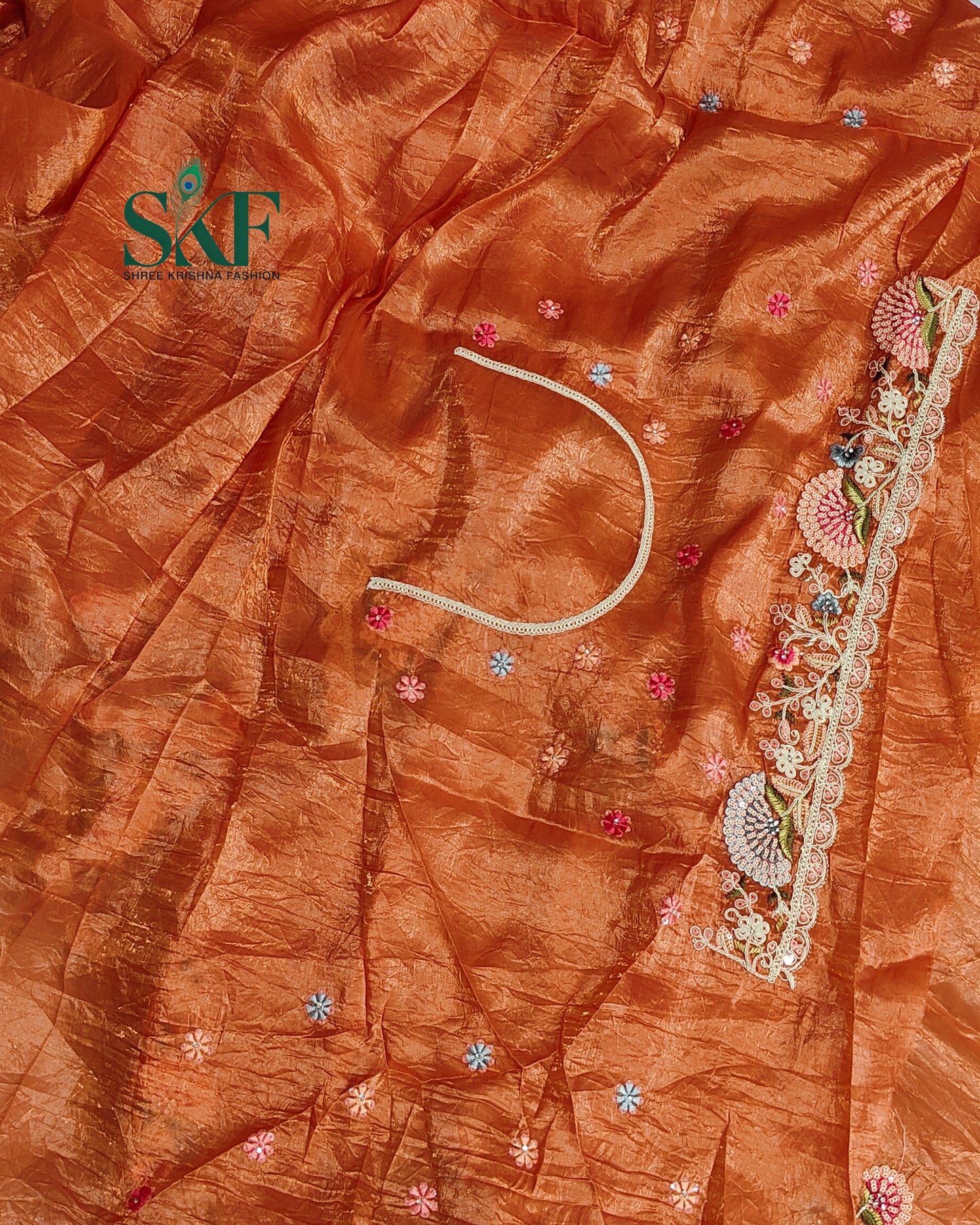 CRUSH TISSUE SIPPI SEQUENCE EMBROIDERY WORK ORANGE RUST SAREE BY SKFBHOLUBHAI