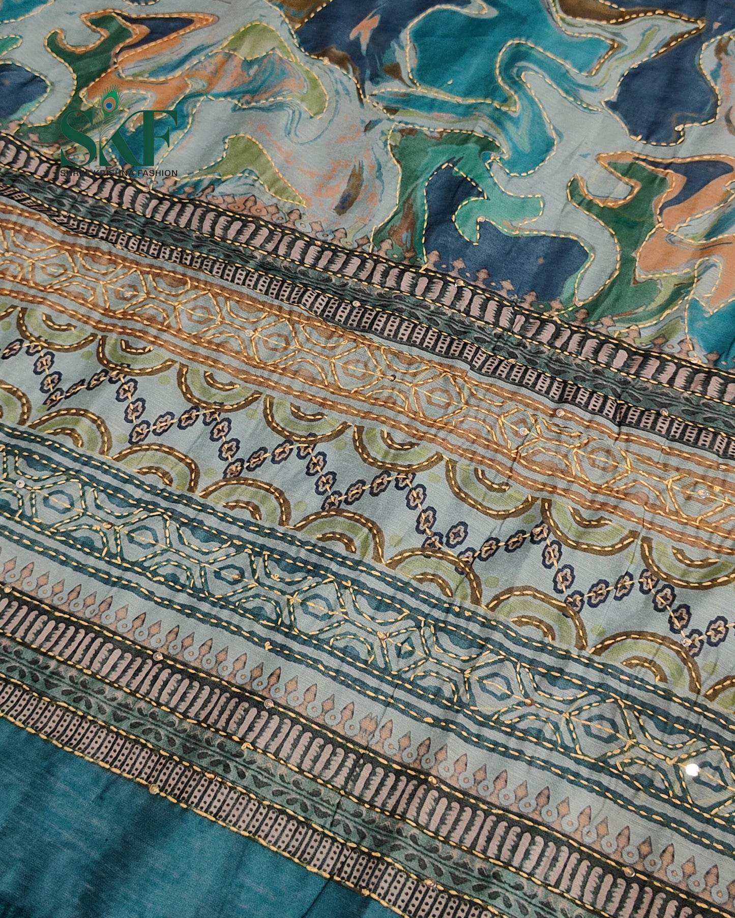CHANDERI COTTON BRUSH PRINT KHATHA WORK TEAL BLUE SAREE BY SKFBHOLUBHAI