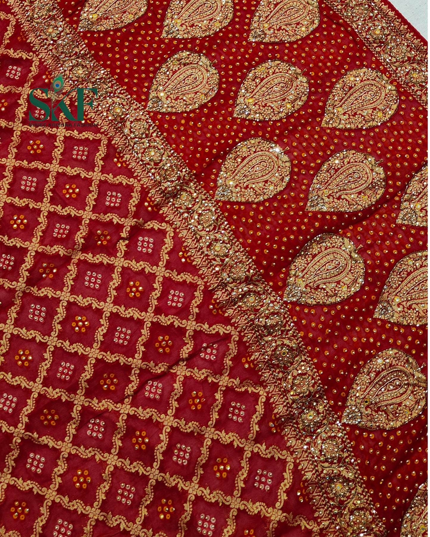 KHADI NEEM JARI GEORGETTE BHANDHANI STONE ZARDOZI HANDWORK SAREE BY SKFBHOLUBHAI