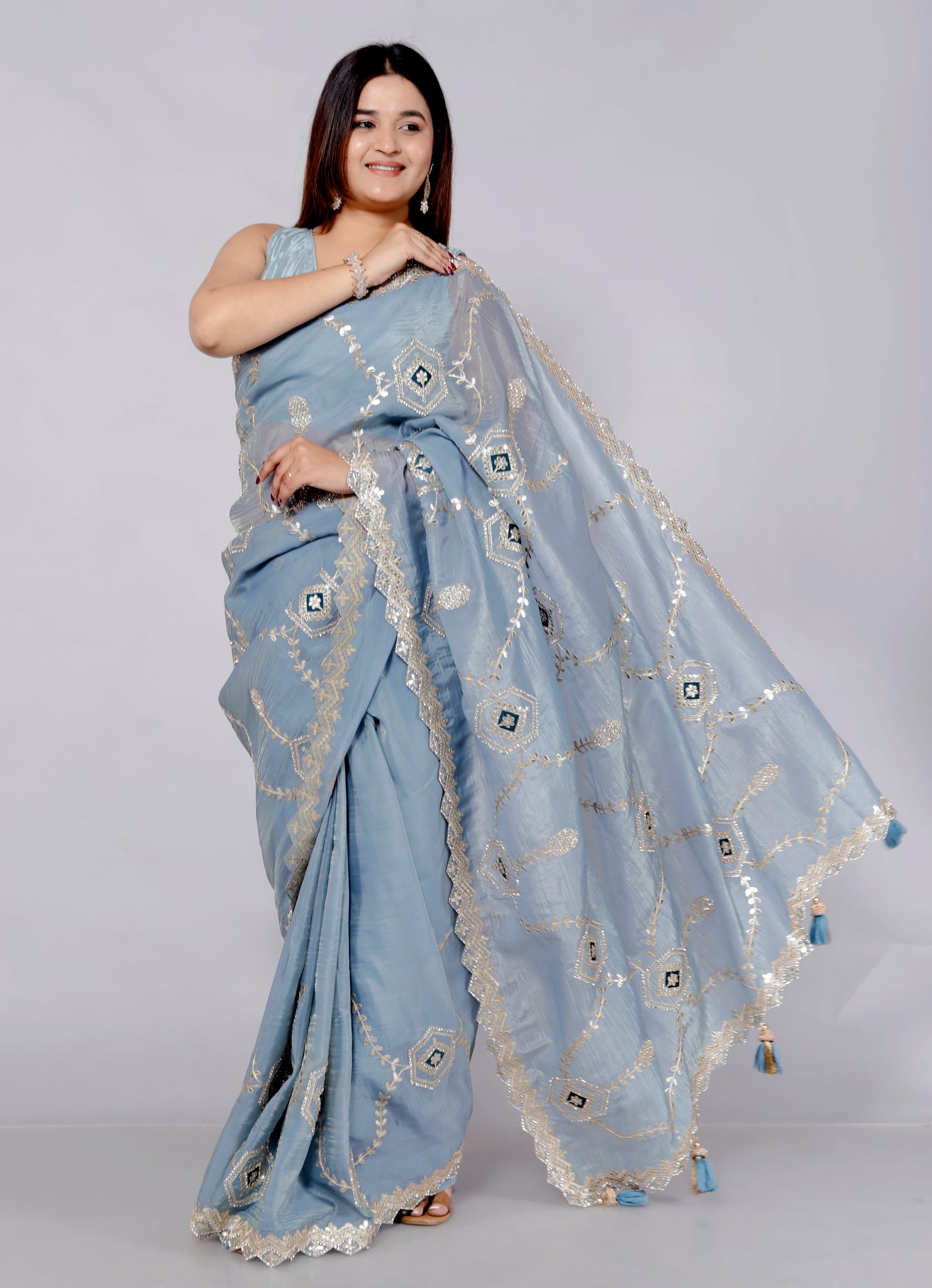 CRUSH TISSUE ZARI GOTTA EMBROIDERY JAAL ICE BLUE SAREE BY SKFBHOLUBHAI