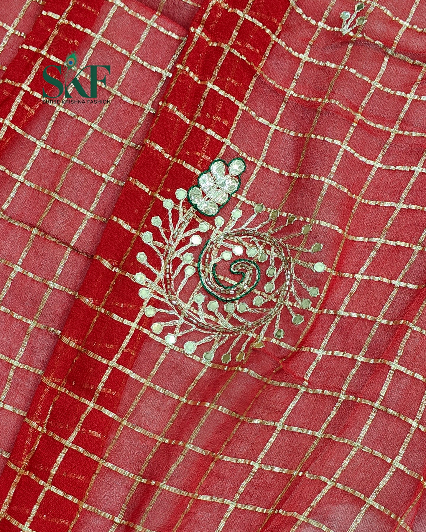 VISCOSS GEORGETTE AARI GOTTA CHEKERD SATIN BORDER WORK RED SAREE BY SKFBHOLUBHAI